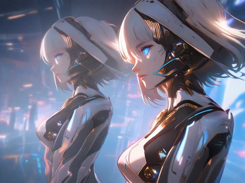 Anime girl with headphones and blue eyes in dark room, perfect anime cyborg woman, 3 d anime realistic, hyper realistic anime, perfect android girl, anime cgi, photorealistic anime girl rendering, anime cgi style, cyborg - girl, perfect cyborg female, beautiful girl cyborg, anime robots, cyberpunk anime girl, beautiful cyberpunk girl face, illusory engine : : rave makeup
