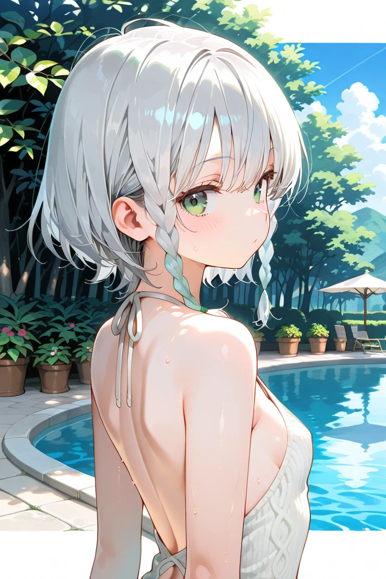 fuukakikuchi, fuuka kikuchi, short hair, bangs, Hair between the eyes, (Green Eyes:1.3), Grey Hair,smile,Open your mouth,Bikini swimsuit with ruffles,Wet Skin,Wet Hair,Wet swimsuit,barefoot,Water Play,Daytime,Clear skies,True Summer,whole bodyがイラストに入るように,
break outdoors, Ocean,
break looking at viewer,whole body, (Cowboy Shot:1. 5),
break (masterpiece:1.2), Highest quality, High resolution, unity 8k wallpaper, (figure:0.8), (Beautiful attention to detail:1.6), Highly detailed face, Perfect lighting, Highly detailed CG, (Perfect hands, Perfect Anatomy),