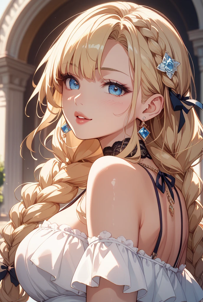 2filles, Cornrows, Frange tressée, poils blonds ou blancs, (Beaux yeux détaillés, yeux rouges ou bleus, pupille en forme d’étoile, pupilles en forme de losange), des larmes heureuses ou un mouchoir dans la bouche, grosse poitrine, clivage, Boucles d’oreilles en croissant, vêtements de déesse, 2 paires d'ailes, (beau collier en cuir bijou détaillé), (épingle à cheveux fleur de cheveux), Abus d’éruption de lentille, les mains dans le dos, aberration chromatique, détail élevé, Anime, romantisme, sur l’art, profondeur de champ, Flou de mouvement, Lumière rougeoyante, grain du film, UHD, rétine, ccurate, Chef-dœudansre, anatomiquement correct, peau texturée, Super détail, high détails, de la haute qualité, Primé, meilleur qualité, Haute résolution, 16k