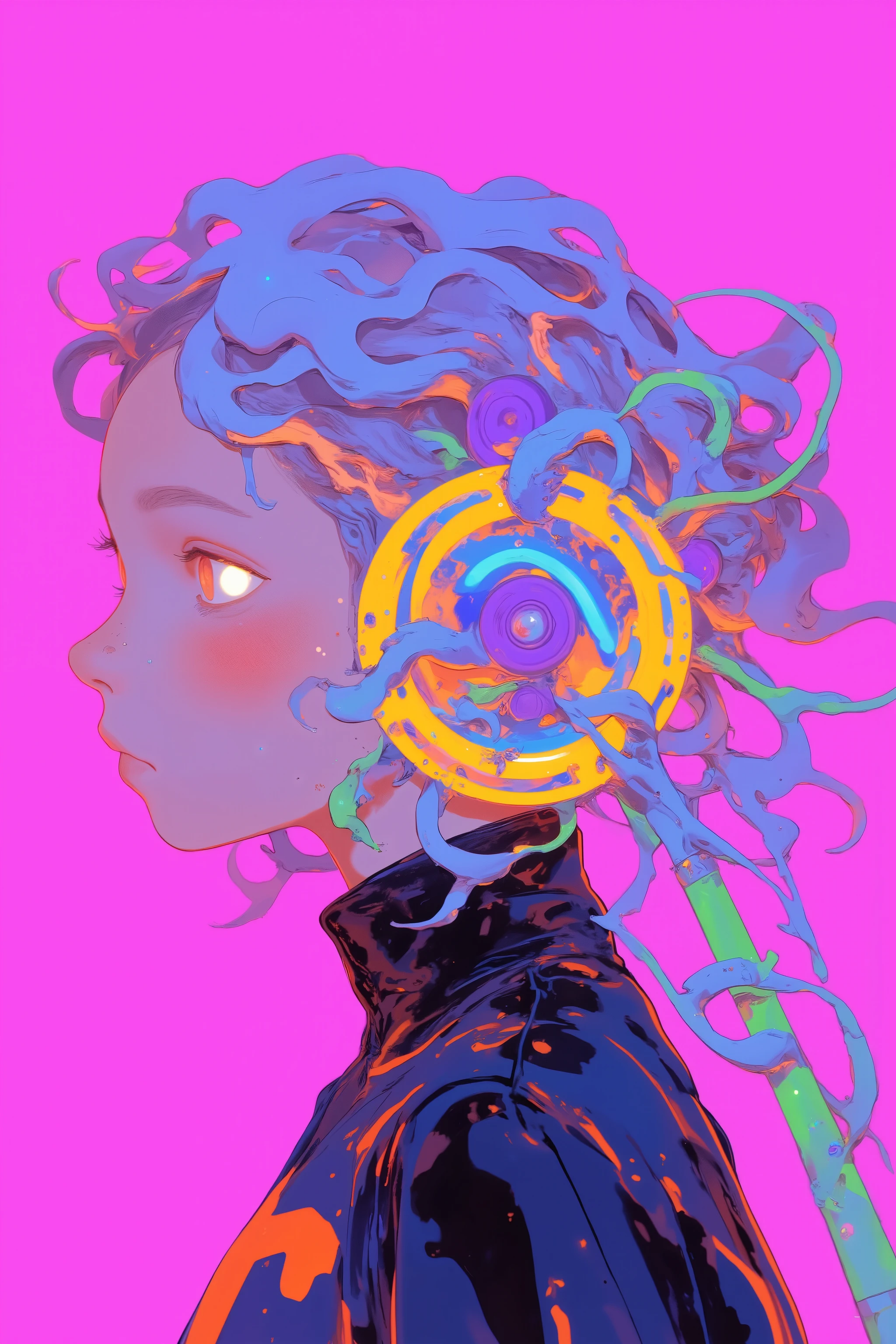 playful round earrings with futuristic motifs, eclectic and colorful aesthetics Stylized female character with,hairstyle with voluminous curls of swirling translucent blue and gray hair,bright neon yellow and green elements similar to electric wires and snakes are accents,dynamic contrast with pastel colors and muted shades of hair,background is bright magenta pink,earrings like cascading coils of wire,futuristic vibrant digital illustrations, shiny black jacket,Reinforce futuristic themes,wearing a high collar jacket,enhance pop art feel,playful round earrings with futuristic motifs, Surreal Elements , A unique visual experience, digital illustration style ,vaporwave aesthetics, Digital 2D Illustration ,masterpiece, cybernetic face, VaporWave style, 2D digital illustration, impressive large earrings , psychedelic organic cyborg