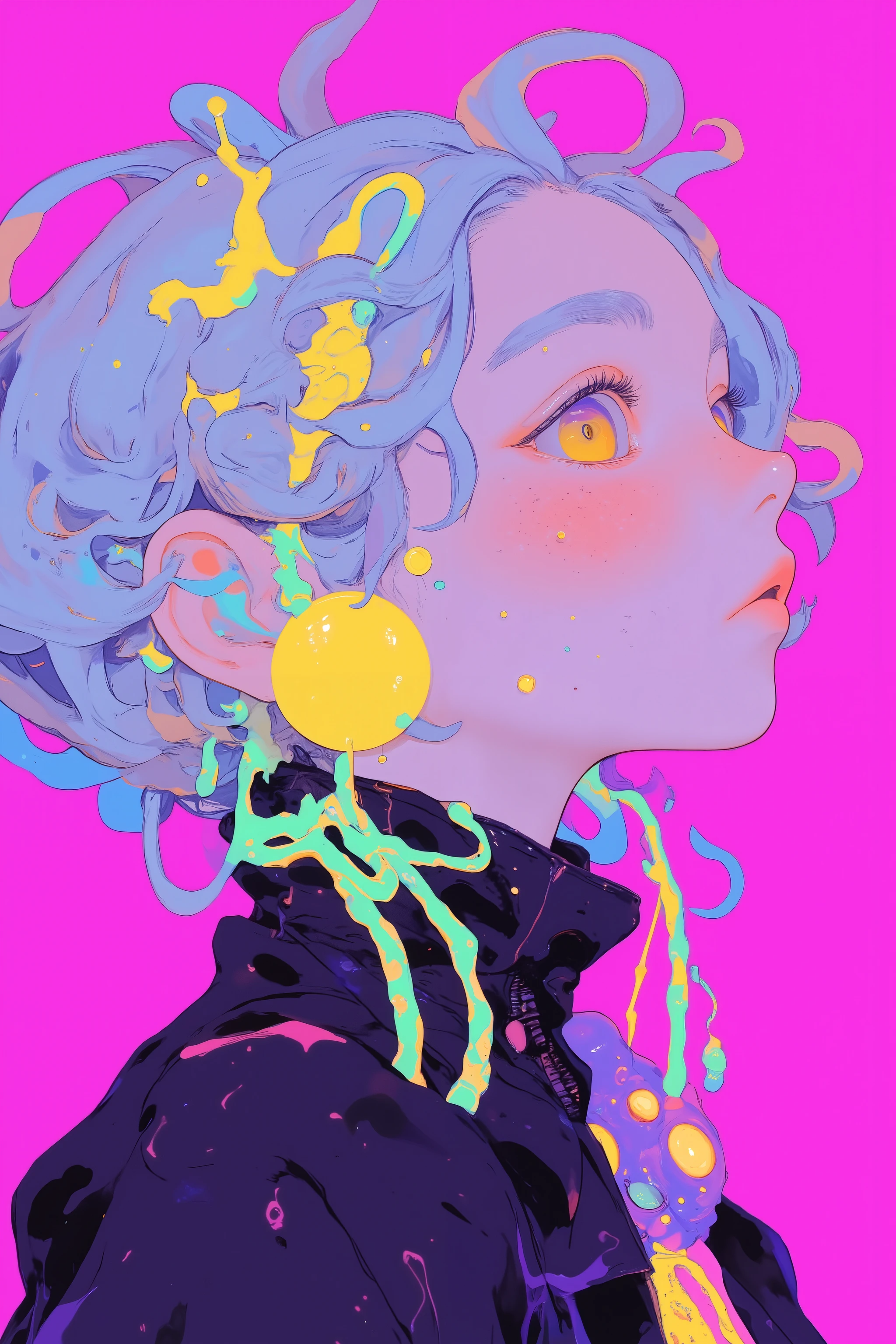playful round earrings with futuristic motifs, eclectic and colorful aesthetics Stylized female character with,hairstyle with voluminous curls of swirling translucent blue and gray hair,bright neon yellow and green elements similar to electric wires and snakes are accents,dynamic contrast with pastel colors and muted shades of hair,background is bright magenta pink,earrings like cascading coils of wire,futuristic vibrant digital illustrations, shiny black jacket,Reinforce futuristic themes,wearing a high collar jacket,enhance pop art feel,playful round earrings with futuristic motifs, Surreal Elements , A unique visual experience, digital illustration style ,vaporwave aesthetics, Digital 2D Illustration ,masterpiece, cybernetic face, VaporWave style, 2D digital illustration, impressive large earrings , psychedelic organic cyborg