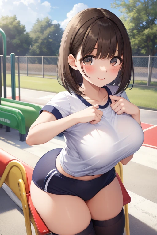 (masterpiece), (highest quality), (Very detailed), At the basketball venue, 1girl, blush, ((Lifting the uniform:1.2)), Happy, Show Viewer, Big Hair, Brown Hair,  shy,((thin)) ,anxiety, blush, mischief,the body is slim,(Shiny skin),  from the front, From above,ear, ((topless:1.4)),(Thighs),