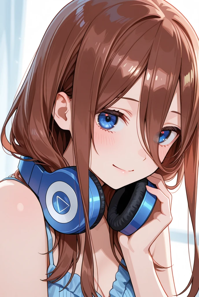 1girl, elegant erotic beautiful girl, big breasts, ((brown hair)), maxi dress, adultery, indecent, vulgar, Nakano Miku, intricate details, delicate facial features, beautiful blue eyes, ulzzang, long eyelashes, small nose, full lips, porcelain skin, natural lighting, warm color palette, chiaroscuro lighting, dramatic shadows, sensual, alluring, mature themes, artistic, dreamlike, ethereal, ((arms behind back)), sideboob, cleavage, looking at viewer, ulzzang, (blue eyes), (headphones), portrait
