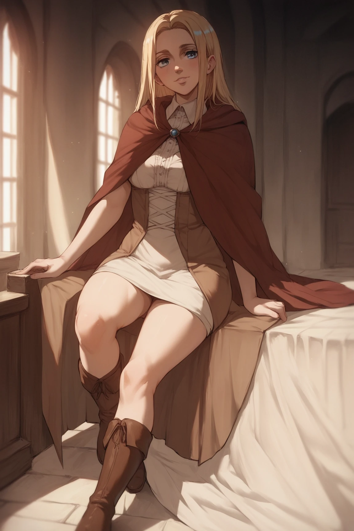 1 Girl, sitting posture, sexual smile, seductive look, Evileye_master, blonde hair, long hair, hood,Red eyes, gloves, cloak, torn clothes, e.g, hooded cloak, (mask1.2), red e.g, (black dress),  body, sexual, young, adult, full body, outside, Magic, action, summoners,  ((detailed)), ((Best quality)), ((masterpiece)),  (hires, a high resolution:1.3), Beautiful face, difficult, (detailed background, light colors, Sun Ray, natural light, soft shadows), (soft lighting, Cinematic light, Professional lighting, studio lighting), extremely detailed CG unity 8k wallpaper, 32K, focus sharp,   