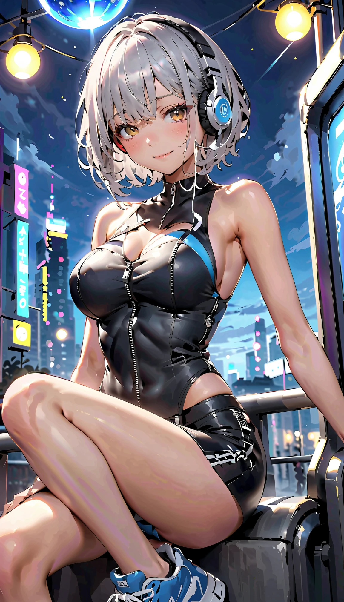 How.focus on breasts.seductive pose、(Two arms、(Hands behind head:1.6).(Downtown at night:1.5).(Composition from the front:2.4)、(Exposing the nipples:1.9).(Bunny earmuffs:1.6)、(Composition from the front:1.1).(Squat, Spread your legs:1.9)、(Cowboy Shot:1.8)、(Shiny fluorescent glitter holographic gradient high leg sexy swimsuit:1.9)(Browsing Caution:1.8).(Glowing Skin:1.8).(Wet Skin:1.3).(Huge breasts:2).(Nipples are visible:1.9).Exposing the breasts:1.9).beautiful ,最high quality、Best image quality、masterpiece、((Top model at age 20、 By becoming、Best Bust、The tea that opened my heart、shining eye,((Heterochromia iridis, (右eye, red colored 右eye iris)(左eye, gray purple colored 左eye iris), eye; Red and gray purple)), (Fluorescent glitter holographic color hair、), Smooth and shiny top model hairstyle with fluorescent glitter, Straight silk bangs, Cut in a straight line hair and bangs, Blunt bangs+Cut in a straight line, long and smooth hair、thin,Highest valley、black 、Shiny fluorescent glitter short skirt、shoulder jewelry ,Diamond Earrings、Wristband、black gloves)),high quality、beautiful芸術、background((School Area))、Flight、flying debris、Written boundary depth、movie、Visual Arts、Perfect art、8k,Genuine、Dynamic Performance