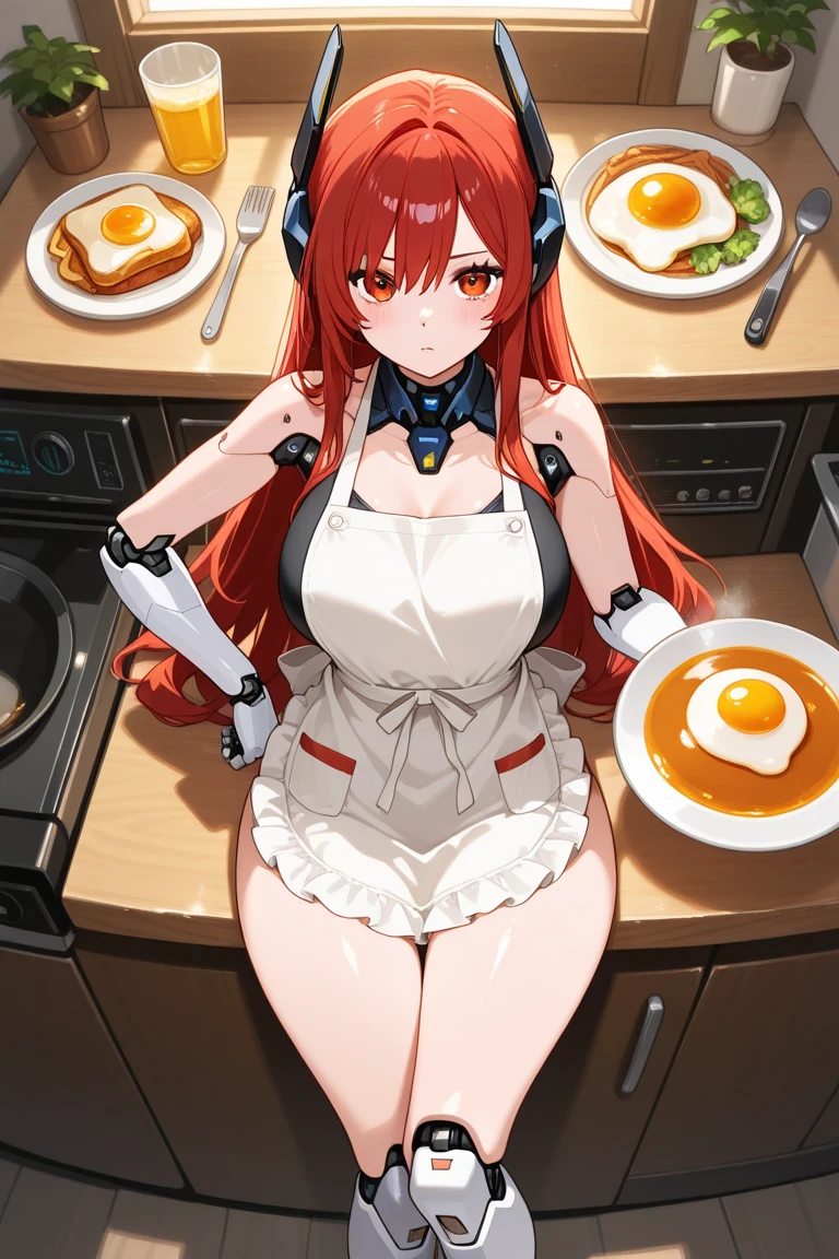 ((1 cyborg woman)),((huge breasts)),((biomechanical legs, legs open legs)),((bare breasts, completely naked)),((red hair with short white stripe with ponytail, eyes green)),((sitting in a wheelchair in a gray futoristic room)),((opening her pussy with both hands)),((with a large penis coming out of her pussy, erect penis, caressing her intimate parts, penis releasing a lot of sperm)),((eating food)),((esidada's face, flushed)),((facing the spectator)),a naked cyborg maid carries a plate of cum,