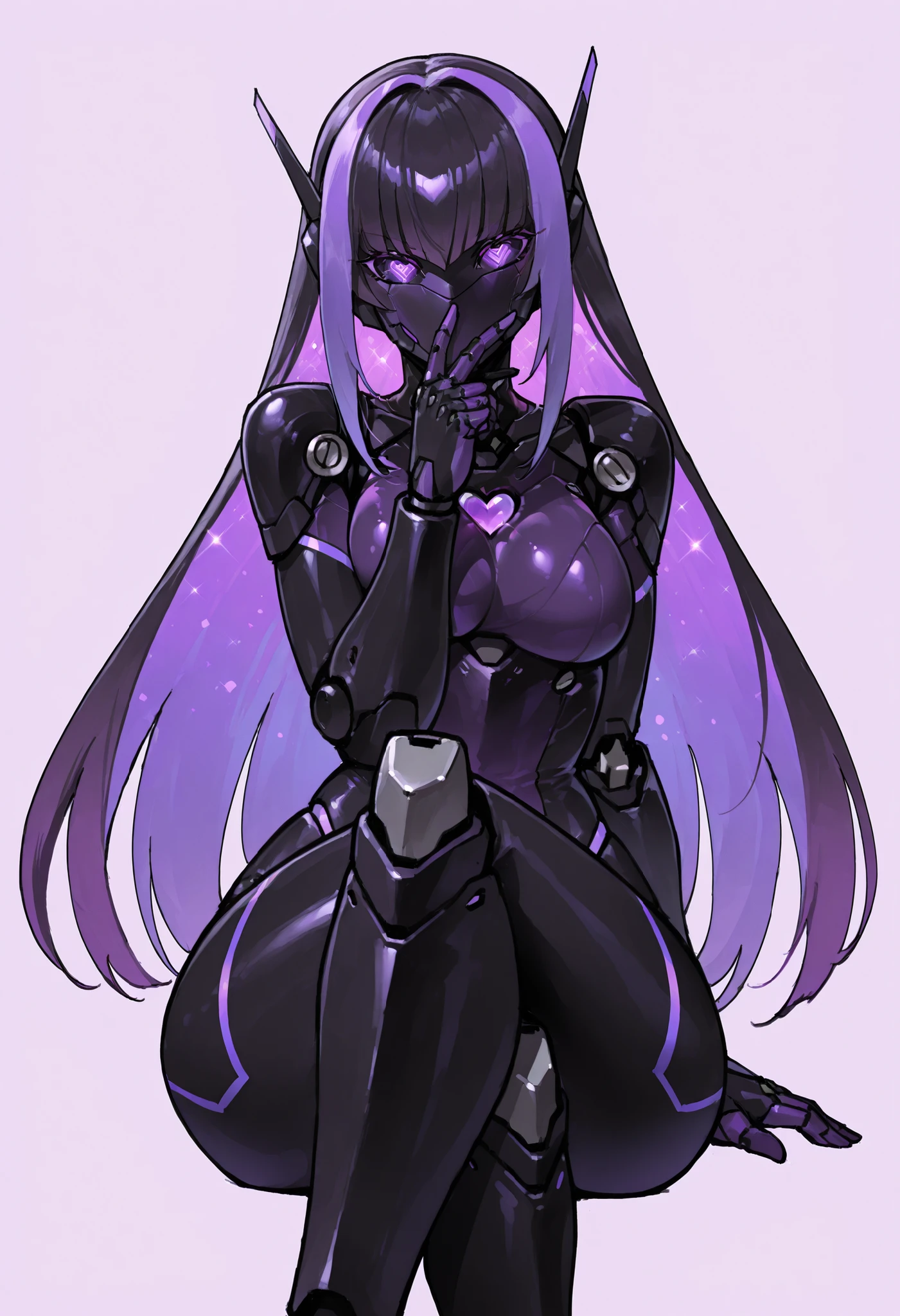 Robot girl. Black and purple image colors. Mechanical face. Robot eyes. Mechanical long hair. Fingers over mouth. Crossed legs. Heart.