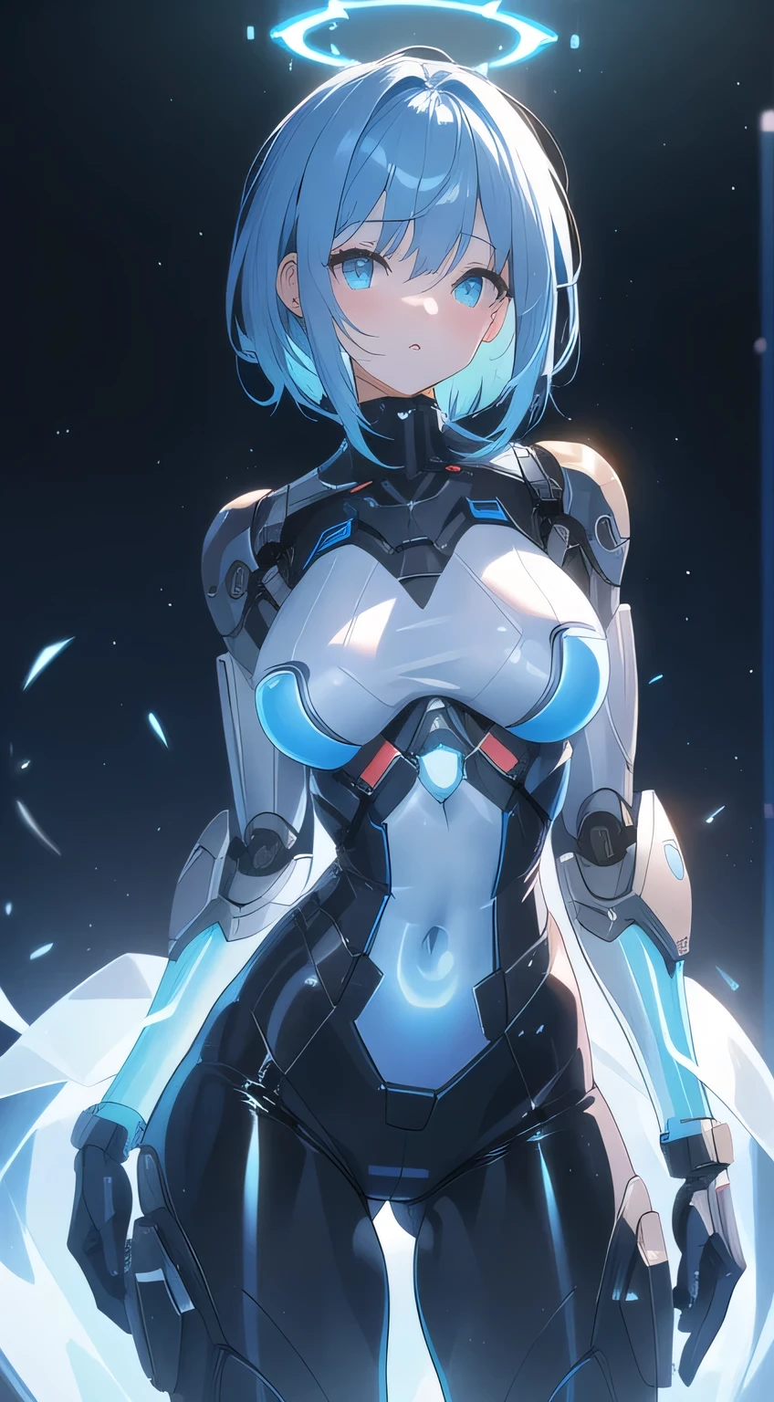 robot girlfriend tight lower body Thigh parts blue hair parts in the shape of a black pussy My whole body is shiny There are parts that glow blue (Nipples and pussy parts are glowing blue)