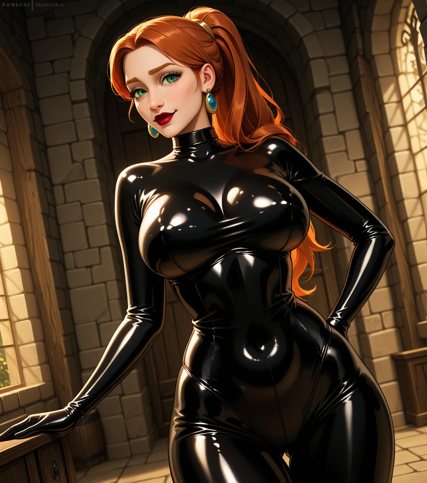 Sexy ginger haired woman, long fiery ginger hair tied in 4 braids, beautiful medieval queen, Scandinavian, harsh weather, huge natural breasts and curves, thick curvy body, tight elegant leather dress, long fur cloak, dim fiery candlelight, palace bathroom, medieval bathroom, pulling her clothes down to expose her breasts, stroking the viewer’s cock, POV handjob in the bathroom, her stroking your cock, forbidden sex act, sneaky, gently kissing the very tip of your penis, sexy
