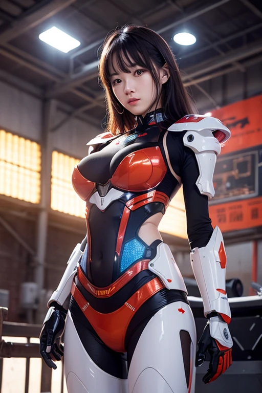 Best quality at best,tmasterpiece,Ultra-high resolution,(Reality:1.4),Detailed details,1girll,Combat posture,cleavage,a beauty girl,mechs,A mechanical,ellegance,Clear focus,gentlesoftlighting,vivd colour,tmasterpiece,cute ass, sexy pose, smile, behind