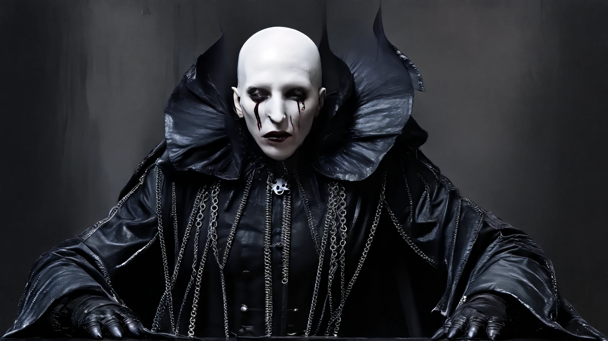 Marilyn Manson inspired, photography, trendy close up, strange dark background dead animals in Gothic castle, leather extreme and sinister fetish, straps and zippers, fetishist, sadomasochism, Extremely bizarre, until