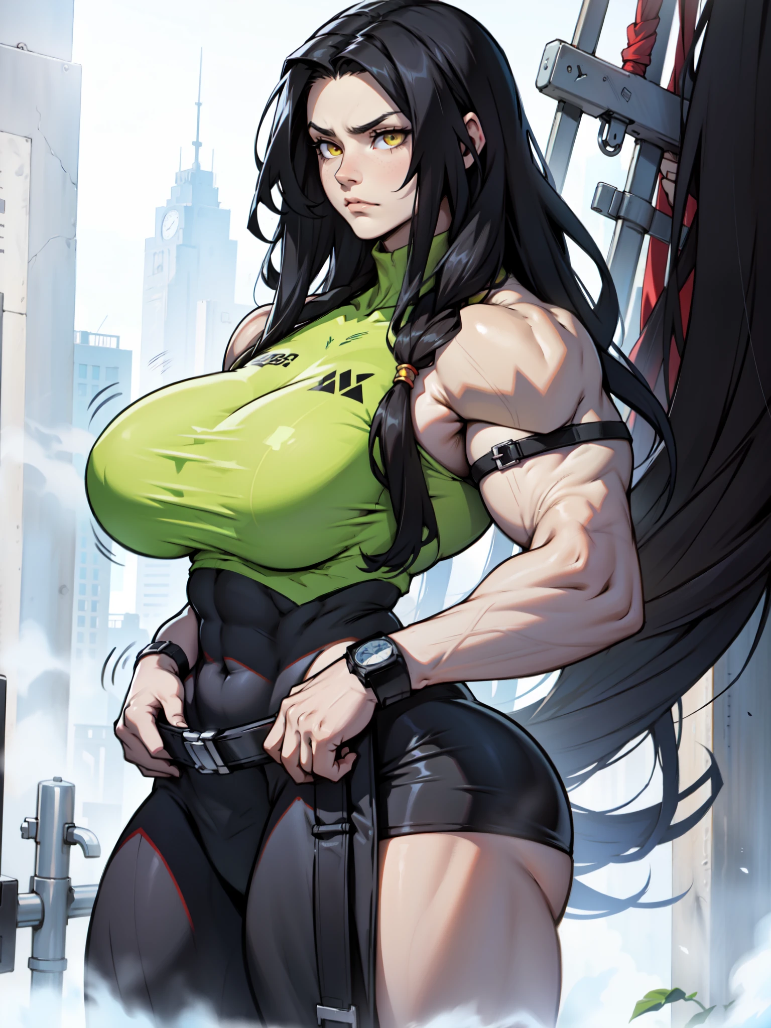 ((((muscular 1girl)))) ((((thick thighs toned body large breasts)))) (pale skin) black hair yellow eyes very long hair tight shirt tight pants