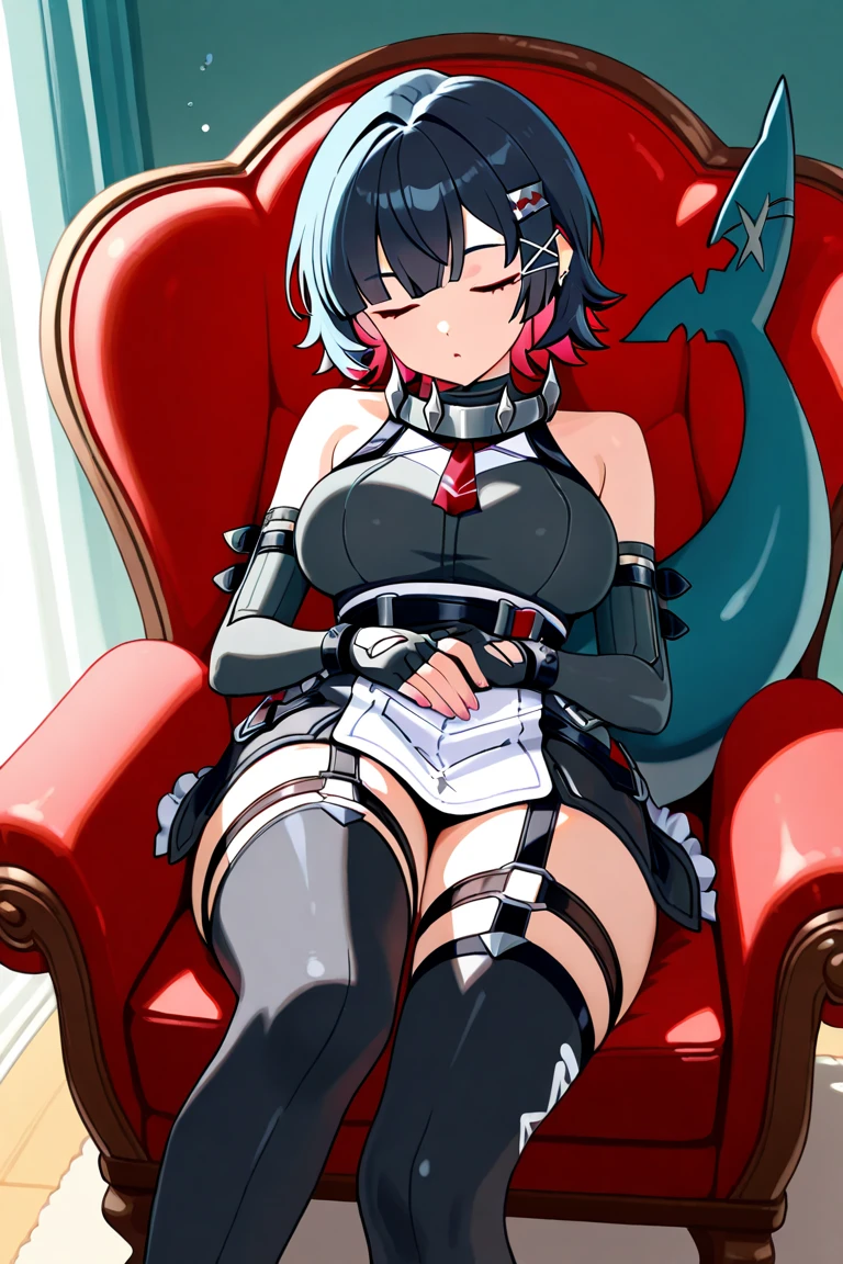 ((Highest quality)), ((masterpiece)), (detailed), prison, One girl, ((bare shoulders)), ((black bustier)), ((black stockings)), ((black g-string)), ((black high heels)), ((black garter belt)), ((black elbow gloves)), ((chair)), ((female sitting in a chair)), ((evil grin)), (((((from below))))), looking at viewer, ass pov, ((((looking down)))), ((stare at viewer with stern eyes)),