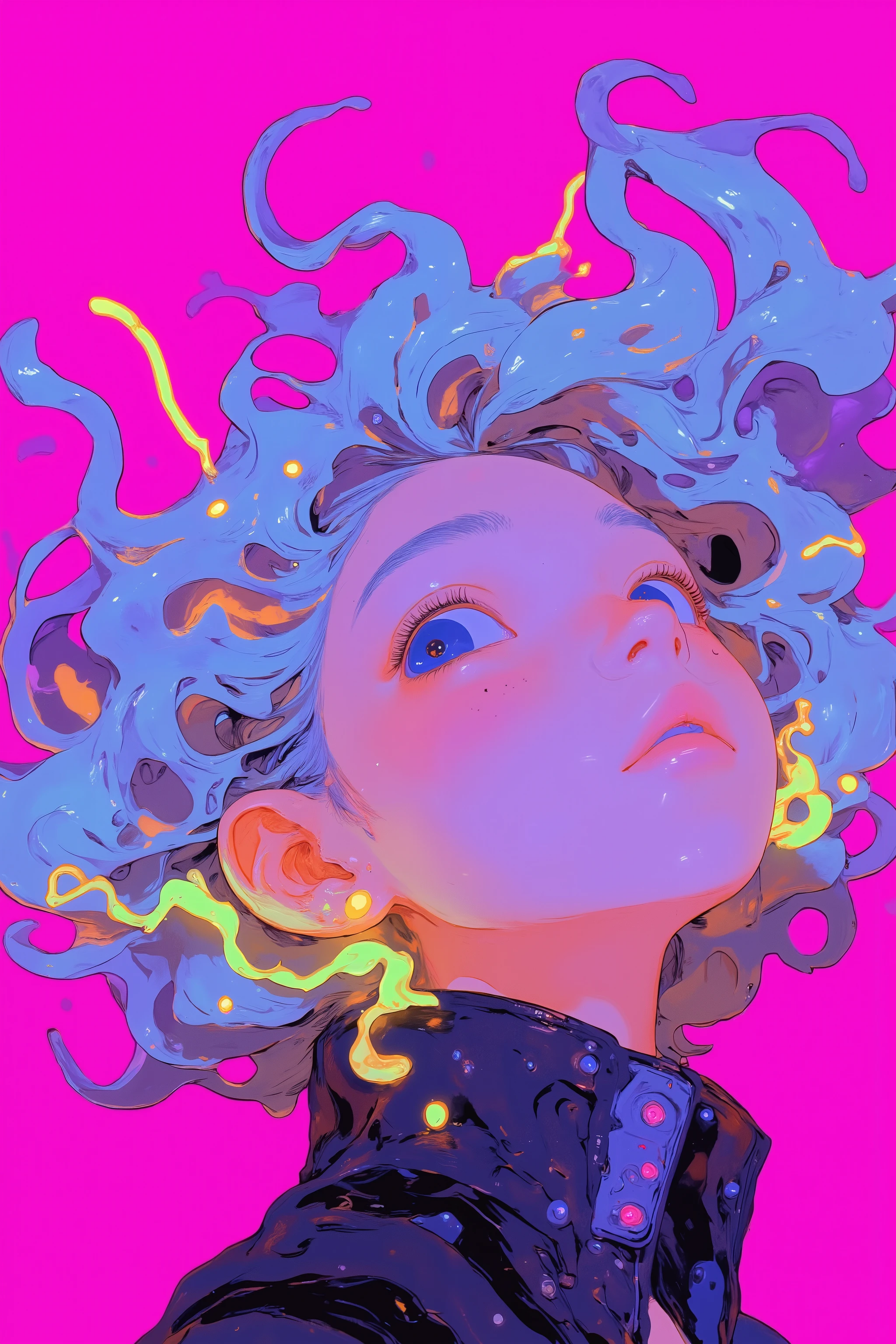 playful round earrings with futuristic motifs, eclectic and colorful aesthetics Stylized female character with,hairstyle with voluminous curls of swirling translucent blue and gray hair,bright neon yellow and green elements similar to electric wires and snakes are accents,dynamic contrast with pastel colors and muted shades of hair,background is bright magenta pink,earrings like cascading coils of wire,futuristic vibrant digital illustrations, shiny black jacket,Reinforce futuristic themes,wearing a high collar jacket,enhance pop art feel,playful round earrings with futuristic motifs, Surreal Elements , A unique visual experience, digital illustration style ,vaporwave aesthetics, Digital 2D Illustration ,masterpiece, cybernetic face, VaporWave style, 2D digital illustration, impressive large earrings , psychedelic organic cyborg