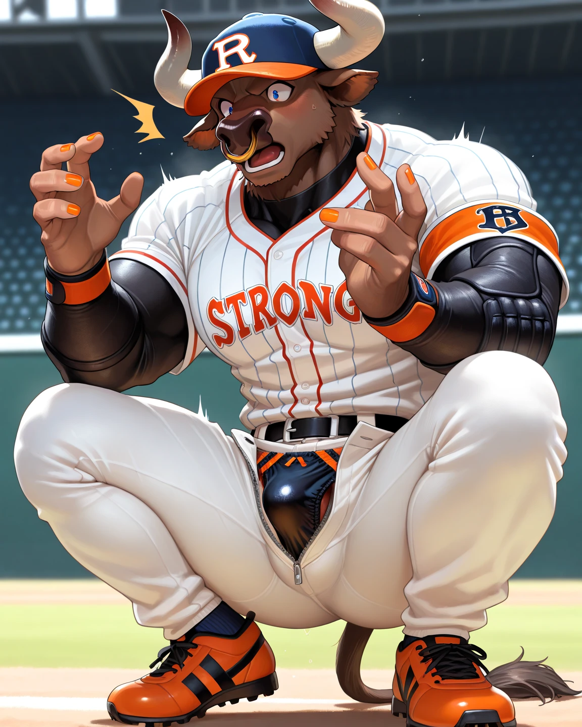 Super muscular boar beastman,(wear a sports uniform),Blindfold,A desperate and distressed look,Mouth wide open with tongue sticking out,Some guys cum in my face,Standing back,Anal Sex,(Surrounded by red and black erect penises),(a large amount of semen on the face and body,:1.4),convenience store,Ejaculate hard