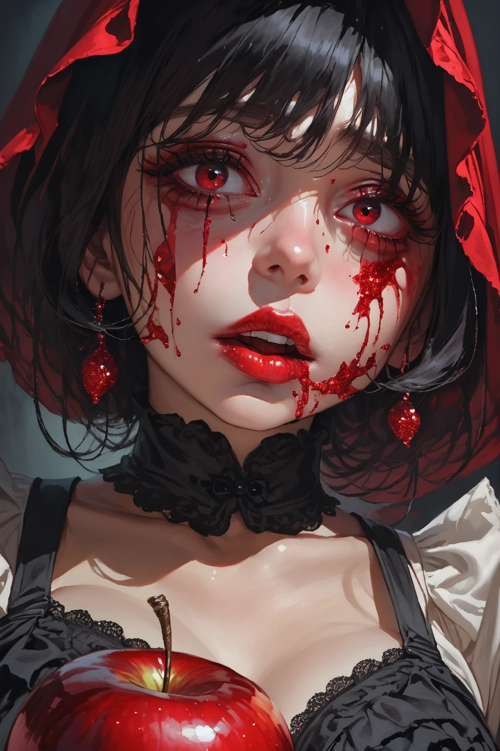 (best quality,4k,8k,highres,masepiece:1.2), extremey detailed facial features, realistic, beautiful girl, blood splattered on her face, horror, dark background, intense expression, velvet red dress, dripping blood, sharp focus, vivid colors, dramatic lighting