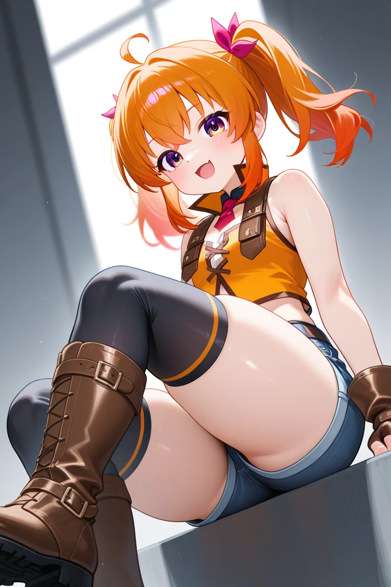 from below, score_9_up,score_8_up, girl, solo, sitting, ((sweaty)), nami, orange hair , brown eyes, (blush:1.1), (happy), smile, necklace, two low tails, long hair, ((torn clothes)),  shorts, shackles, spikes, (big breasts), stockings, lips, sexy pose, choker, straps, dungeon
