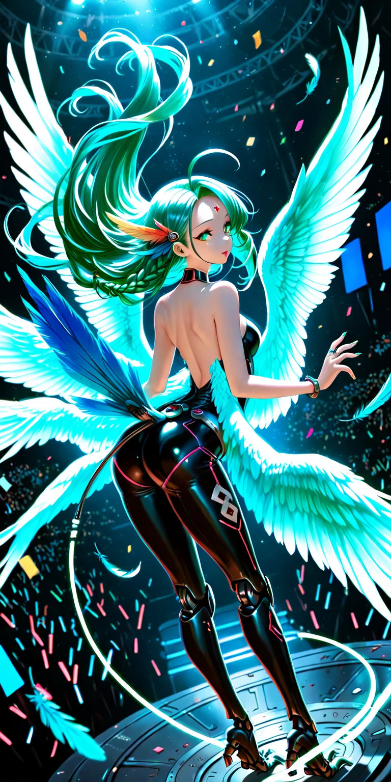 (Masterpiece:1.2), best quality, (illustration:1.2), (ultra-detailed),Eye focus,(Masterfully crafted Glow, pink lens flare), (Cinematic background), hyper details, (delicate detailed), (intricate details), octane render, hdr, (hyperdetailed:1.15), (soft light:1.2), 1girl, beautiful girl, ultra detailed eyes, mature, plump, thick, rainbow painting drops, outdoors, (bioluminescent hair:2),(glowing eyes), ((makeup)),(Cinematic masterpiece),(dynamic:1.2), fierce, powerful, splashes of colour absolutely eye-catching, (Cinematic headlight),((caustic)), dynamic angle, beautiful detailed glow, ambient occlusion, ambient light, raytraced reflections,(best illumination, an extremely delicate and beautiful), ((cinematic light)), (soft:2), (Nephilim:1.2), halo, demon horns, demon wing, wings on back, half demon, demon ears, black wings, raven wings, (falling raven feathers), (radiant aura), visible raven, (half angel), (long metal fingernails), (licking Finger:1.2), sexy, alluring, long sleeve gloves, perfectly drawn hands, 4 fingers, 1 thumb, realistic hand shape