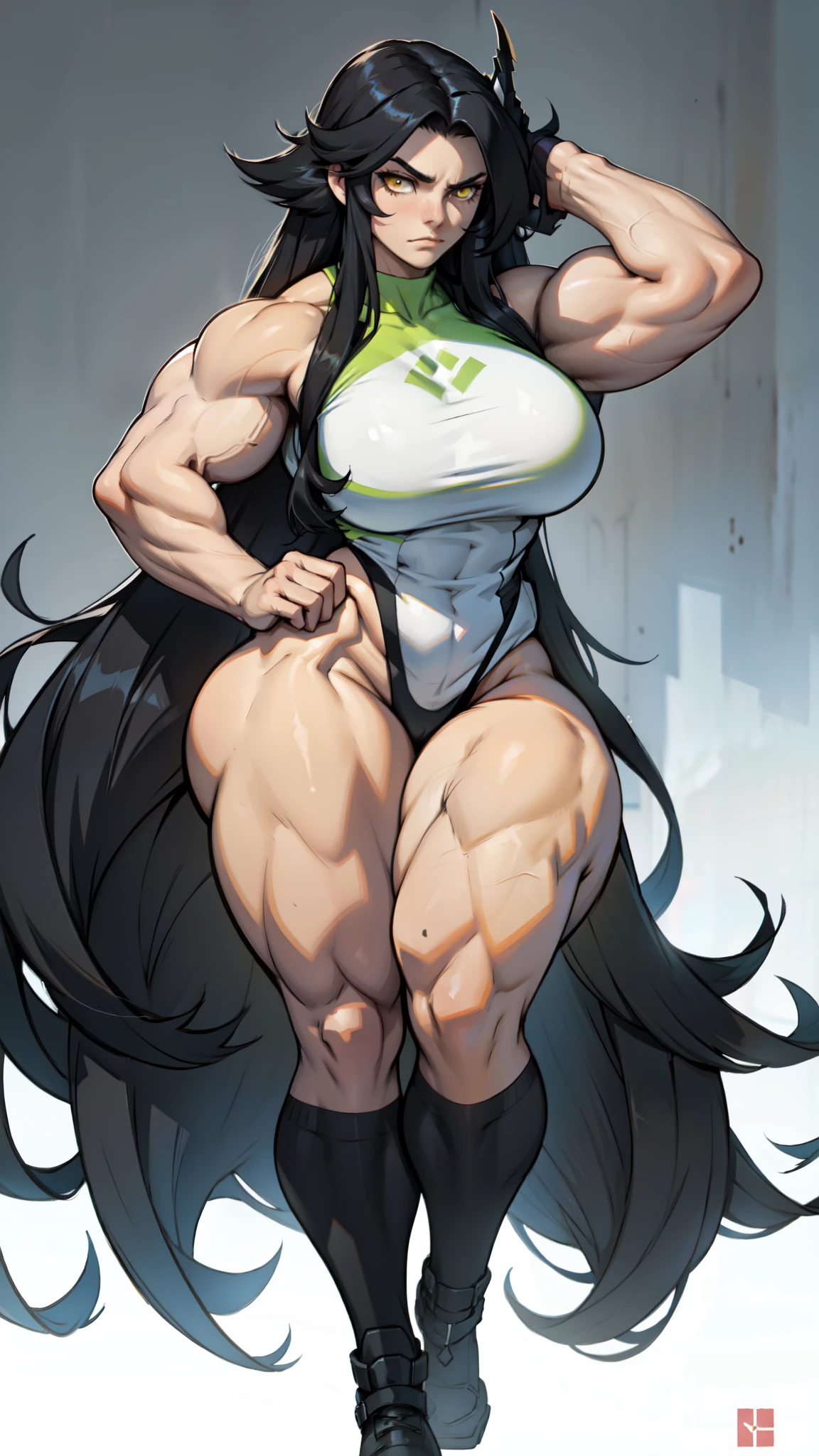 (((((muscular 1girl))))) ((((thick thighs toned body small breasts)))) (pale skin) black hair yellow eyes very long hair ((full body)) tight shirt tight pants solo solo
