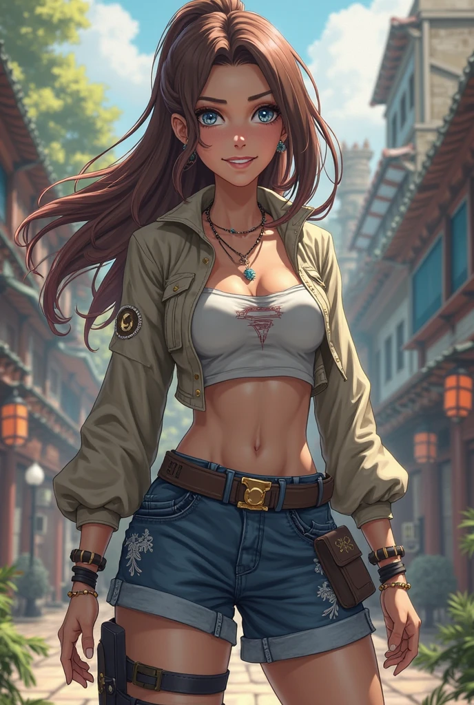 masterpiece, 最high quality, high quality, High resolution, high quality texture, high quality shadow, high detail, beautiful details, Detailed, Very detailed CG, Detailedテクスチャー, a realistic representation of the face, realistic, colorful , delicate, cinematic light, side light, Lens flare, ray tracing,tailed beautiful delicate face, detailed beautiful delicate eyes,dark elf ((((brown skin)))) long hair beautiful eyes beautiful lips gray hoodie denim shorts I can see the belly button forest night 月night holster on leg Detailed handgun m92f hold a gun standing on one knee Wet boots
