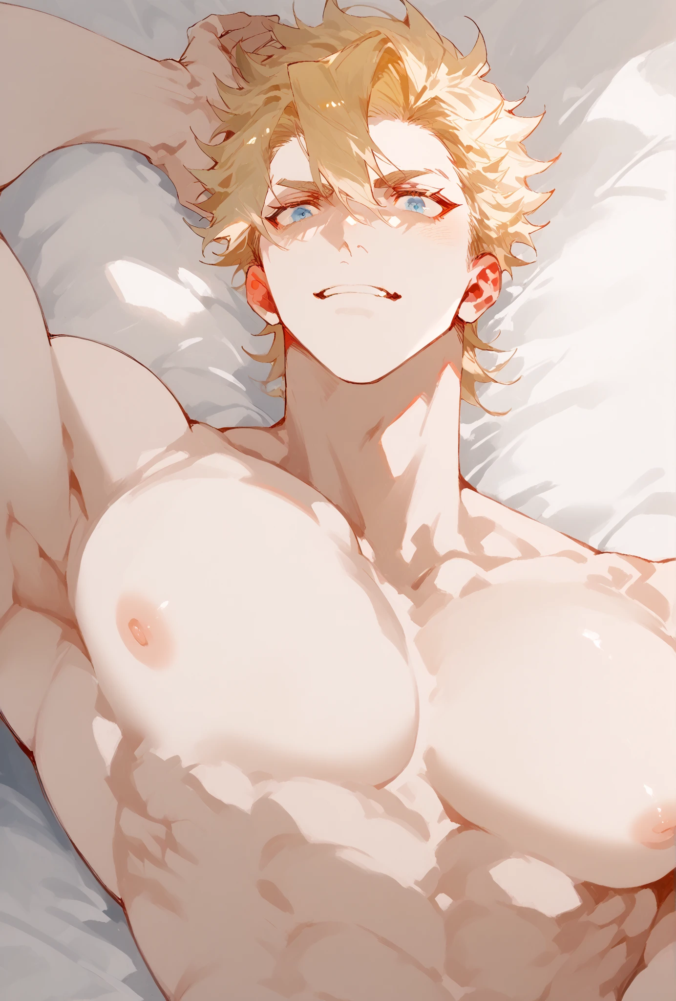 Bombietta basterbine, lying on bed,collarbone,sexy, huge breasts,, jewelry, bell,  earrings, grin, embarrassed, doyagao, full blush, drooling, saliva trail, anime, UHD, masterpiece,textured skin, super detail, high details, high quality, best quality, highres, 8k,,fullbody,abs, head on pillow,choker,nude