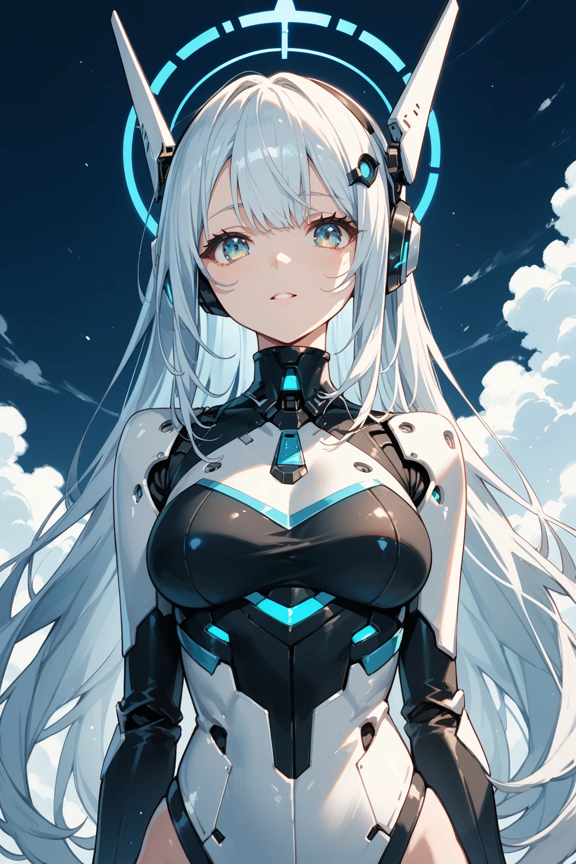4K、Best image quality，Great details，Super high quality skins、Ultra-high resolution，（Faithfulness：1.4），Best illustrations，Attention to detail，(Official Art, beautifully、aesthetic:1.2), （Anime style on the journey:1.2）
1 Girl, (Long silver hair、Bangs are black:1.2), Wavy Hair, smile, (Sexy Cyberpunk Android Costume:1.2)、Android from the neck down、 (Fancy futuristic background:1.1), Blake、（Dark Elf), (1 Girl), alone, Perfect Face, Get used to it, Ahoge, ((Long Hair:1.2)), (Hair above one eye:1.3), [[Messy Hair]], Shiny blonde white hair, Purple eyes, Variegated eyes, Colorful Hair, Shining Eyes, bright, smile, Design Art：haruhiko mikimoto, by Kawashi, By Yoshitaka Amano