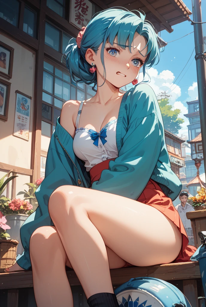 asian girl dressed in a blue suit and hair style poses in japanese street,, breasts, hatsune miku, public indecency, thighhighs,, necktie, solo focus, exhibitionism, no panties, navel, public nudity, long hair, twintails, detached sleeves, aqua hair, clothes lift, small breasts, looking at viewer, outdoors