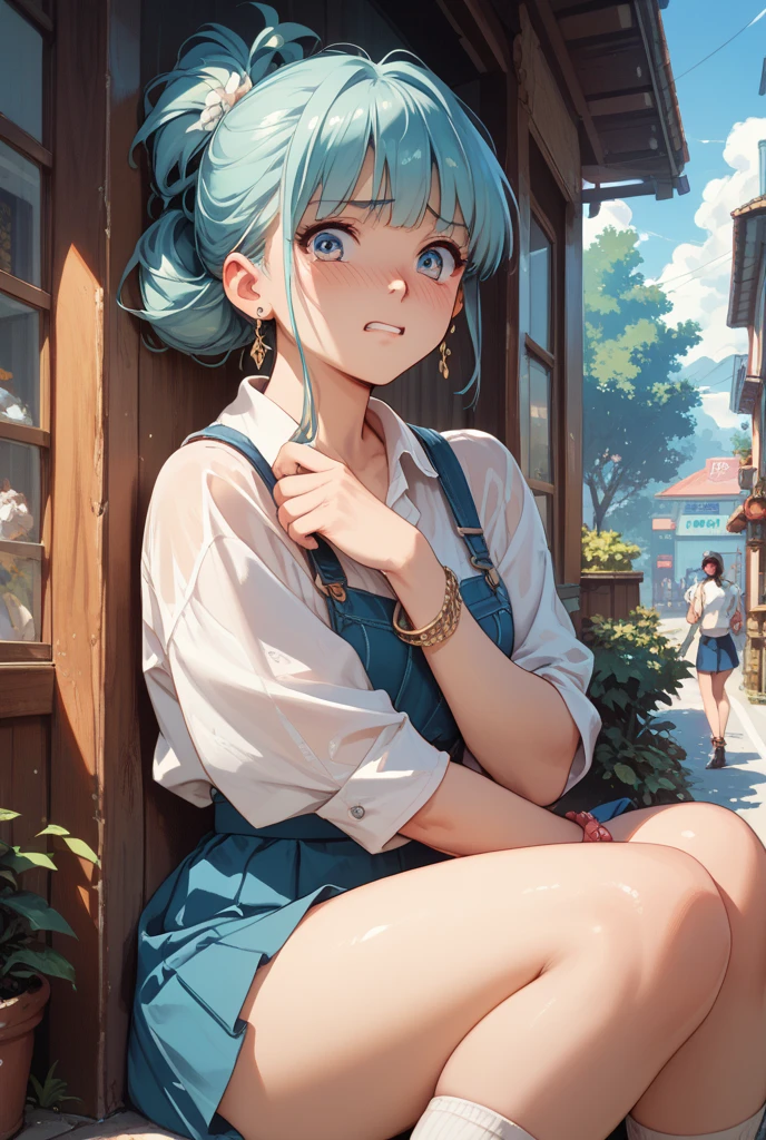 ((8k, Highest quality, masterpiece: 1.3)),Ultra-high resolution,(1 girl, alone), (Color changing eyes, Ultra-detailed, Expressive brilliance, Glitter, Glowing Eyes), Highly detailed eyes, Highly detailed face, Random Hair, ((pastel colour)),A cheerful young woman with pastel blue hair styled into twin braids, sitting cross-legged on the floor of her brightly lit bedroom during a sunny afternoon. She is dressed in a simple yet subtly sexy painter cosplay, wearing a fitted tank top, overalls slightly unbuttoned, and paint splatters on her clothes. The camera captures her from a low angle as she sits with her legs spread wide, leaning slightly forward while holding a paintbrush with a focused yet playful smile. The room is filled with natural sunlight, with an easel and paints scattered around, creating a creative yet intimate atmosphere.