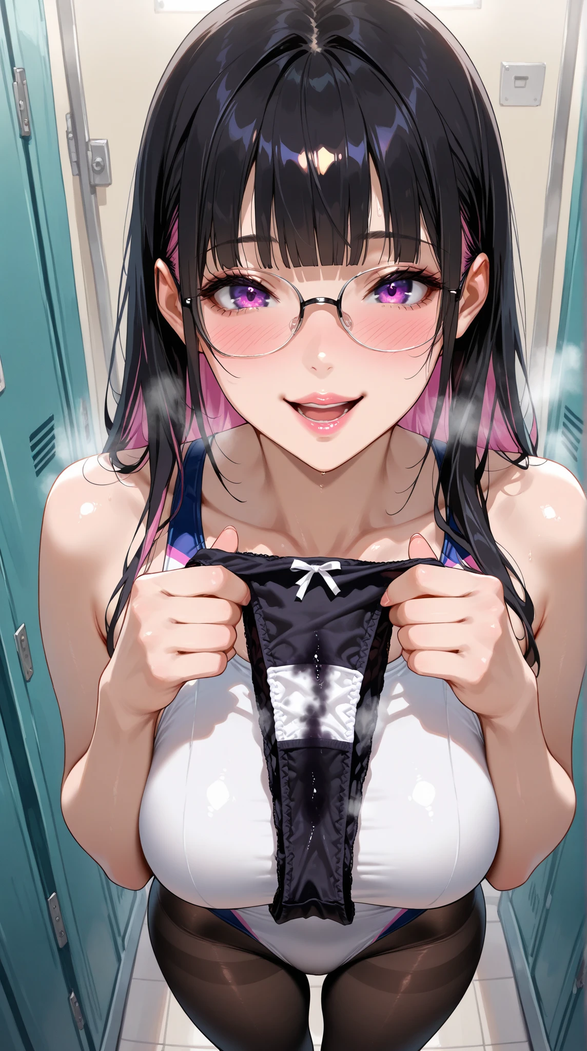 Mari Illustrious Makinami (Makinami Mari Illustrious)、((wears pink-rimmed glasses))、Juice、stuffy々and facial expressions、、liquid that gives a sexual impression、((Sweat sweat))、Staging、Bikini whose shape can be seen from above、Solo fucked from behind、1 girl in、 (masutepiece:1.2), Best Quality, High resolution, Unity 8k壁纸, , (Beautiful detailed eyes:1.6), extra detailed face, Perfect Lighting, extremely details CG, ((Perfect fingers, Perfect Anatomy)),pink bikinis、Oily shiny skin、Squat position