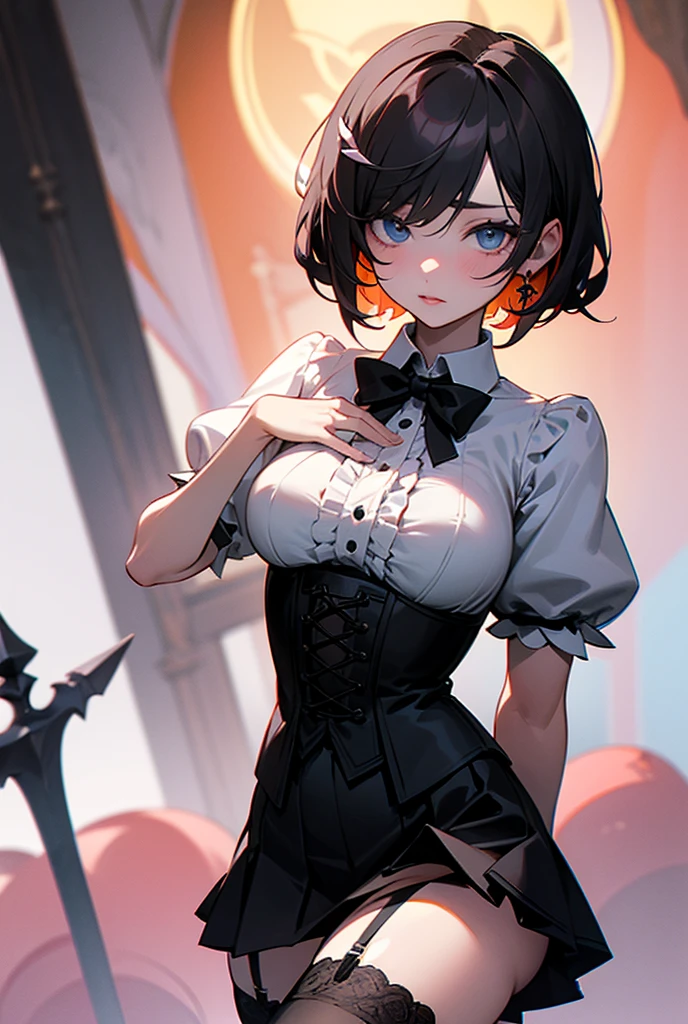 ((Top Quality, 8k, Masterpiece: 1.3)), Crisp Focus: 1.2, Beautiful Women with Perfect Figure: 1.4, Slender Abs: 1.2, (((Layer Cut, Big: 1.2)), Wet Body: 1.5, Highly Detailed Face and Skin Texture, Detailed Eyes, Double Eyelids, Very Short Hair, BDSM, Slave, Black Corset, Bondage, Collar, From Below,Disdain, panties,handcuffs,nsfw