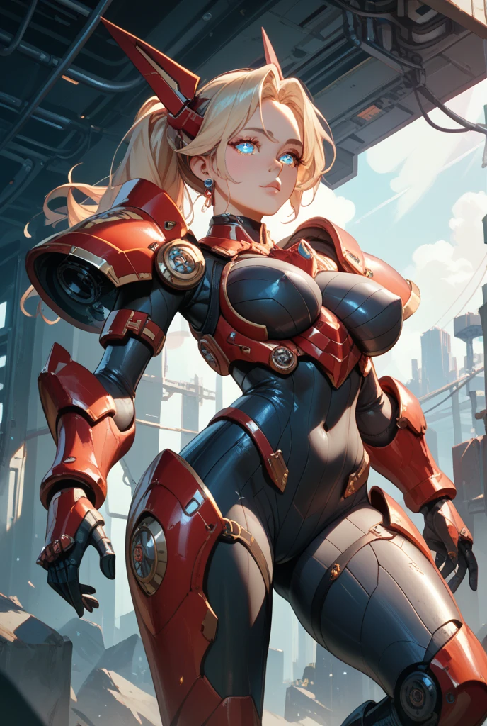 zero_megamanx, ((long blonde hair, ponytail, glowing blue eyes, red and black color armor, makeup, narrow waist, skinny, medium breasts)), pelvic curtain, ((black panties, red bra)), full body, perfect body, (insanely detailed, beautiful detailed face, masterpiece, best quality) , (((solo))), (((1robot))), (((mature))), (extremely detailed 8k paper CG wall unit: 1.1), (cyberpunk, street, night), (smile face for the viewer), mechanical parts, robot joints