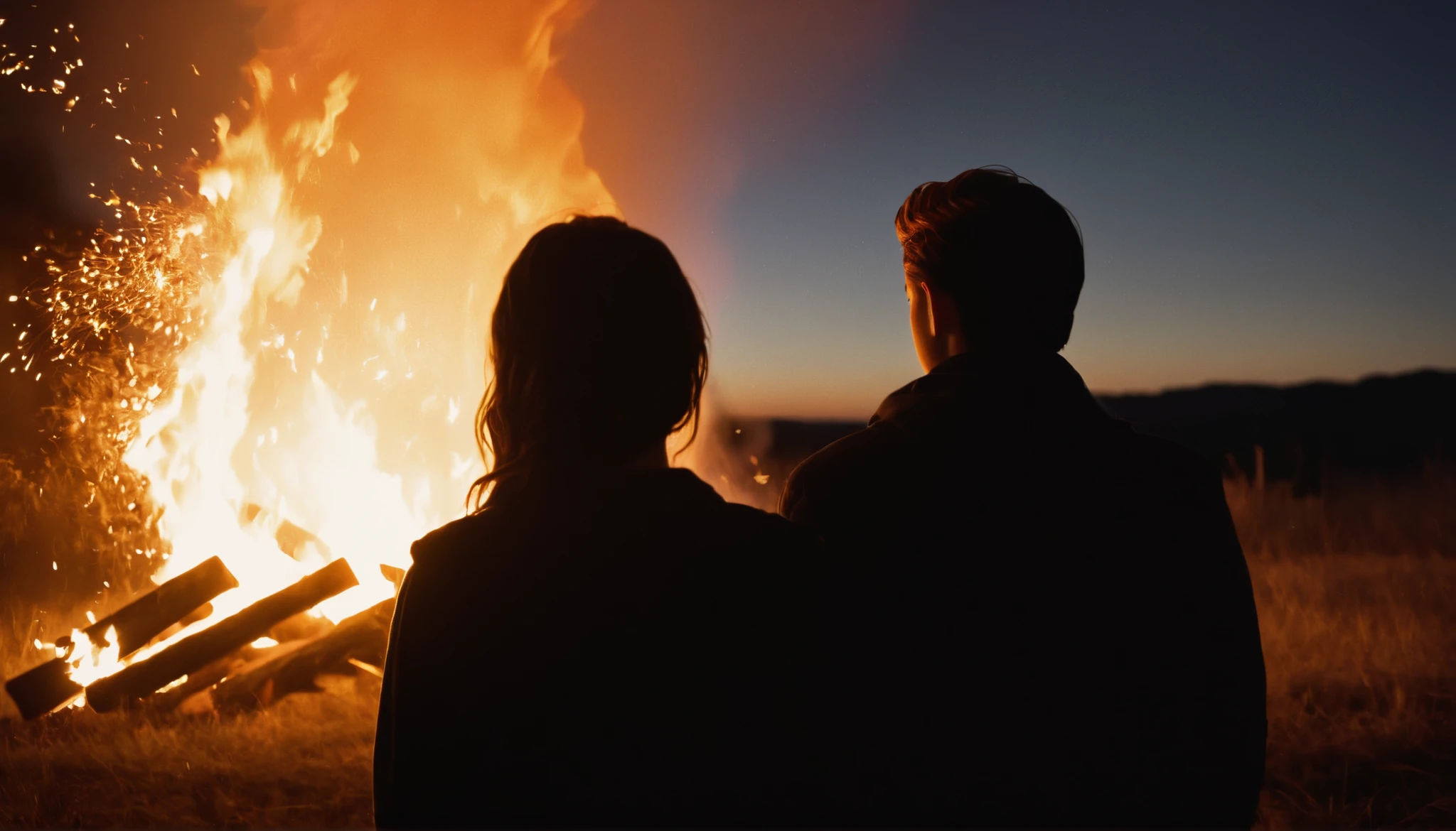 cinematic film still of
Juxtaposition of a person from behind standing in front of a fire with sparks,1girl,1boy,standing,outdoors,sky,night,scenery,sunset,silhouette,dark Juxtaposition,artistic,photography,dramatic light,dramatic shadow light,contrast,saturated color,cinematic,filmic,photographic,realistic,realism,perfection,perfect,Juxtaposed,opposite,different things,side by side,syncretism,antithesis,Juxtaposition style,dark , creative, photorealism, hyperrealism, Fine art photography style, Fine art cinematic photography style, shallow depth of field, vignette, highly detailed, high budget, bokeh, cinemascope, moody, epic, gorgeous, film grain, grainy