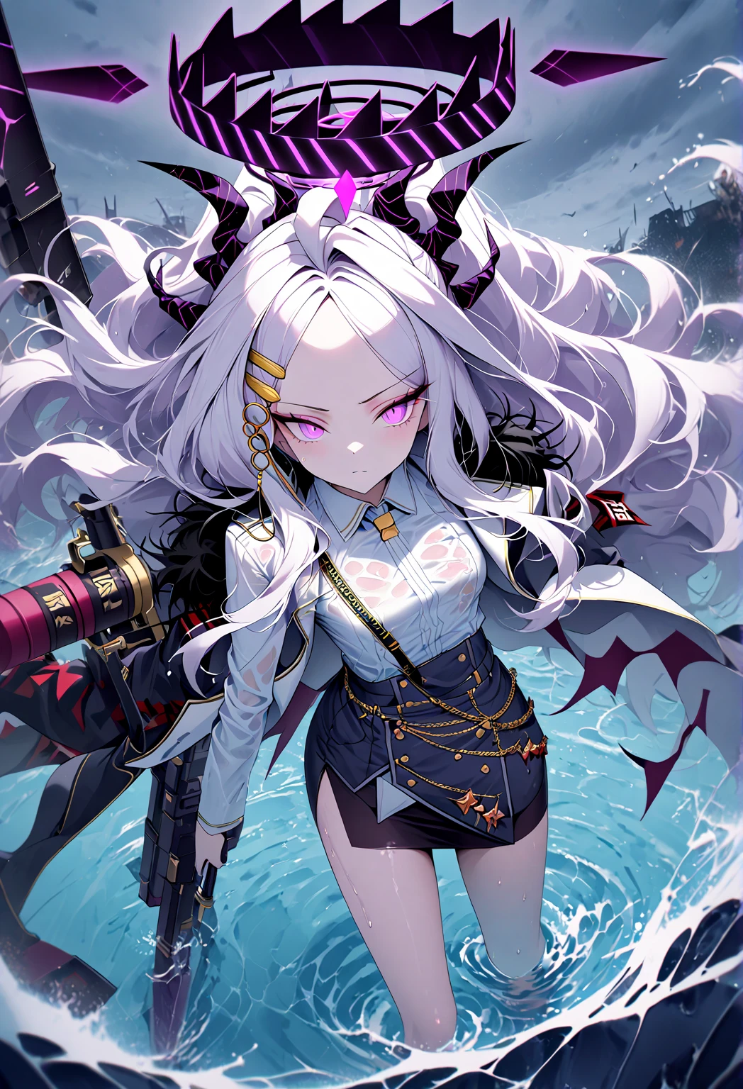 masterpiece, best quality, 1girl, ascot, bangs, bare_shoulders, bat, black_gloves, black_pants, breasts, clothing_cutout, eyebrows_visible_through_hair, gloves, hair_between_eyes, holding, long_hair, looking_at_viewer, pants, red_eyes, silver_hair, skadi_\(arknights\), solo, thigh_cutout, thighs, very_long_hair, weapon, <lora:alc2-000003:1>,