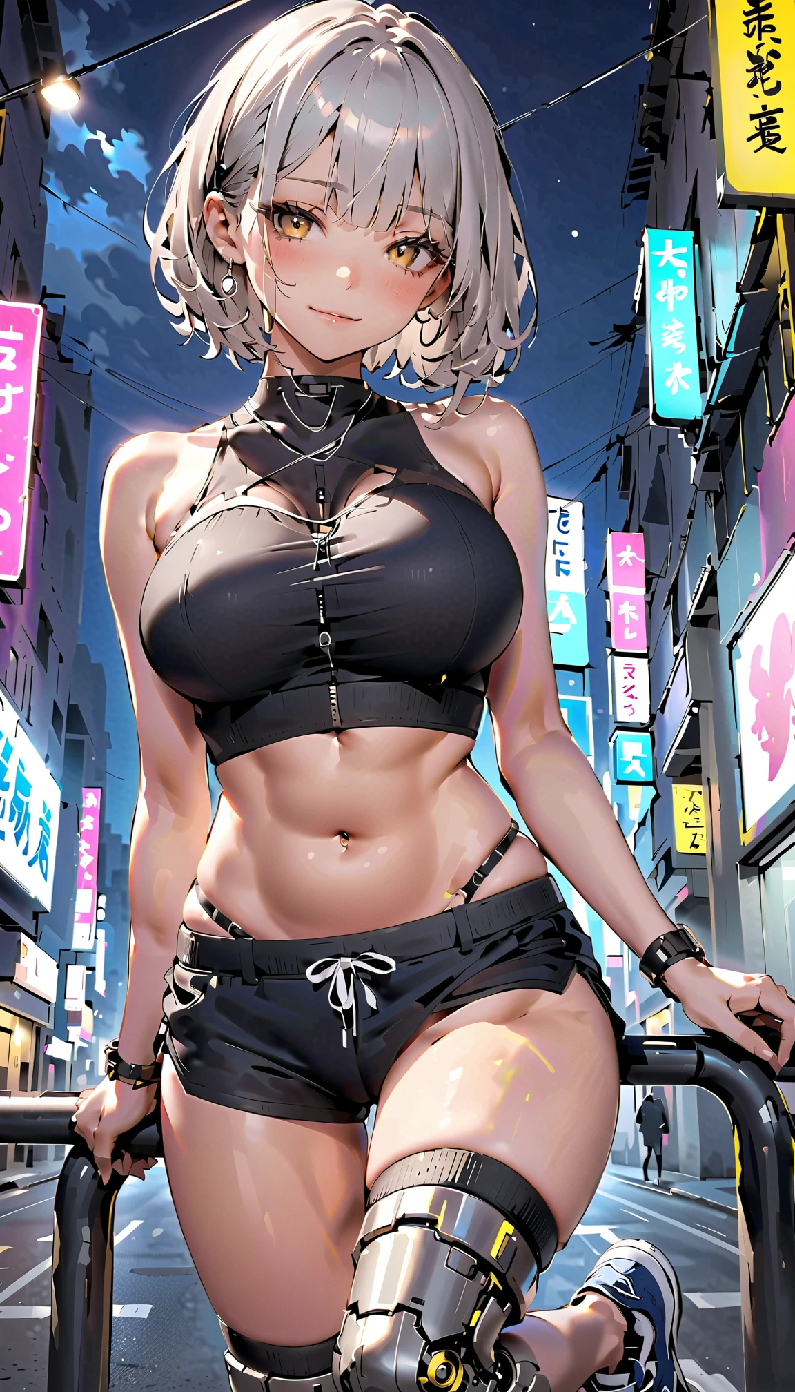 Erotic Anime Illustration、High resolution、A plump dark-skinned female ninja flirting in an alley、gray hair、beautiful eyes、lovelive、Kagamine rin、ecstatic expression、Overwhelming huge breasts that go beyond common sense、thick legs with fat、perfect proportions、cowboy shot、colorful ninja costume、expose the navel