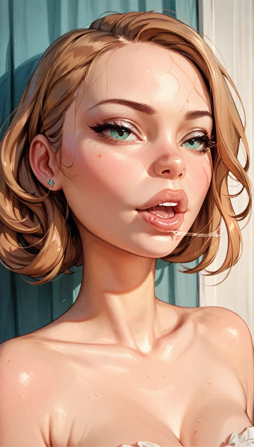 (((2 characters))), ((1guy, jon, a young guy in his 30s with asymmetric very short brown hair, green eyes, a flat nose, smooth skin, slim athletic body)), ((1girl, jennifer lawrence, 1girl, red haired chubby pale girl, green eyes, freckles, half asymetric red hair, cute, nude, small height, stain lipstick, long eyelashes, primer, cream eyeline, ((small breasts)), cute, beautiful, realistic style, highly detailed, 4k, embarrassed expression)), kissing, (((portrait close-up))), (((exaggerated laugh with open mouth, side perspective)))