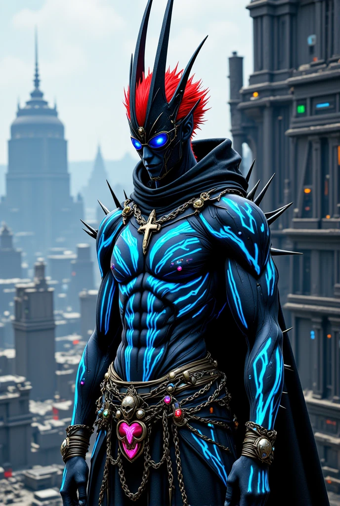 Beelzemon2024, 1boy, blue skin, best quality, masterpiece, depth of field, 3 red eyes, Digimon, blonde hair, walking in city, cinematic lighting