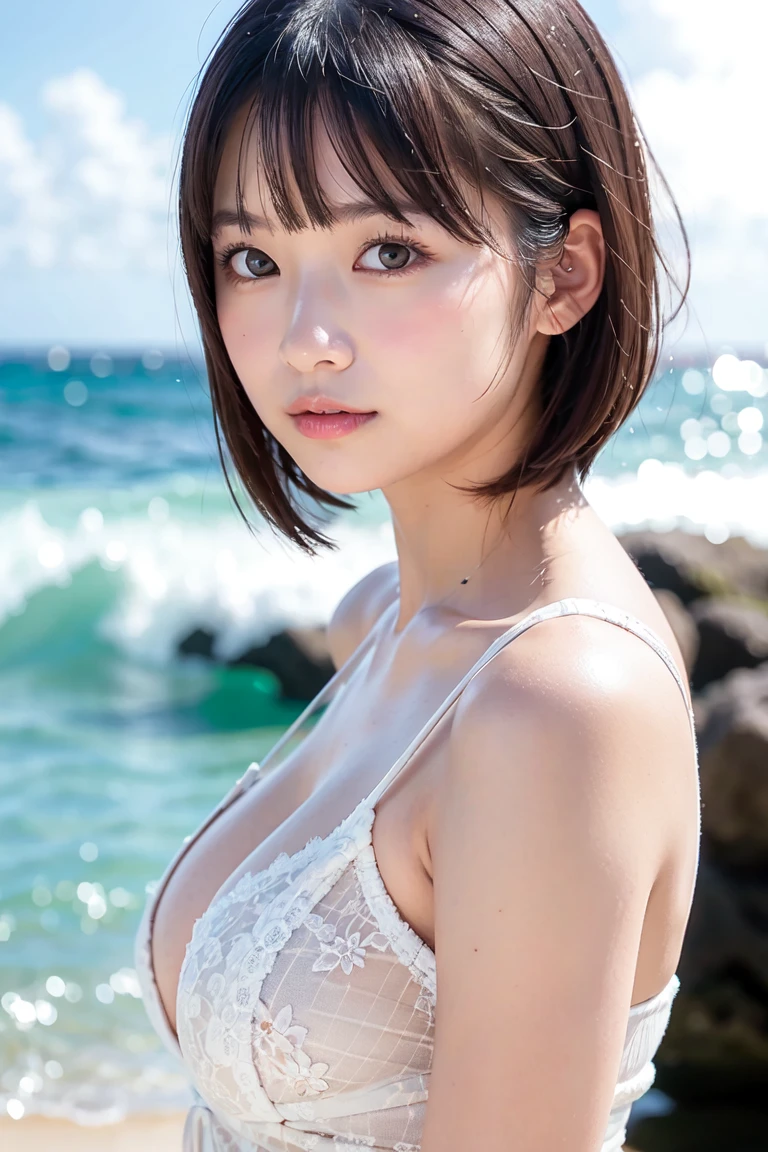 ((Highest quality, 8K, masterpiece :1.3)), (Sharp focus :1.2, Beautiful woman with perfect figure :1.4, Slim Abs :1.2), ((Big Breasts, Emphasize cleavage:1.3)), (Photorealistic:1.4), (realistic:1.4), (Short Bob Hair, Light brown hair:1.5), Highly detailed face and skin texture, Fine grain, double eyelid. Makeup face, A little bit of lipstick, sex appeal, Sexy gravure pose, ((Beautiful woman in a white see-through dress、Arch your back boldly on the beach、She pushes out her chest and gasps for breath with an ecstatic look on her face.。:1.3)