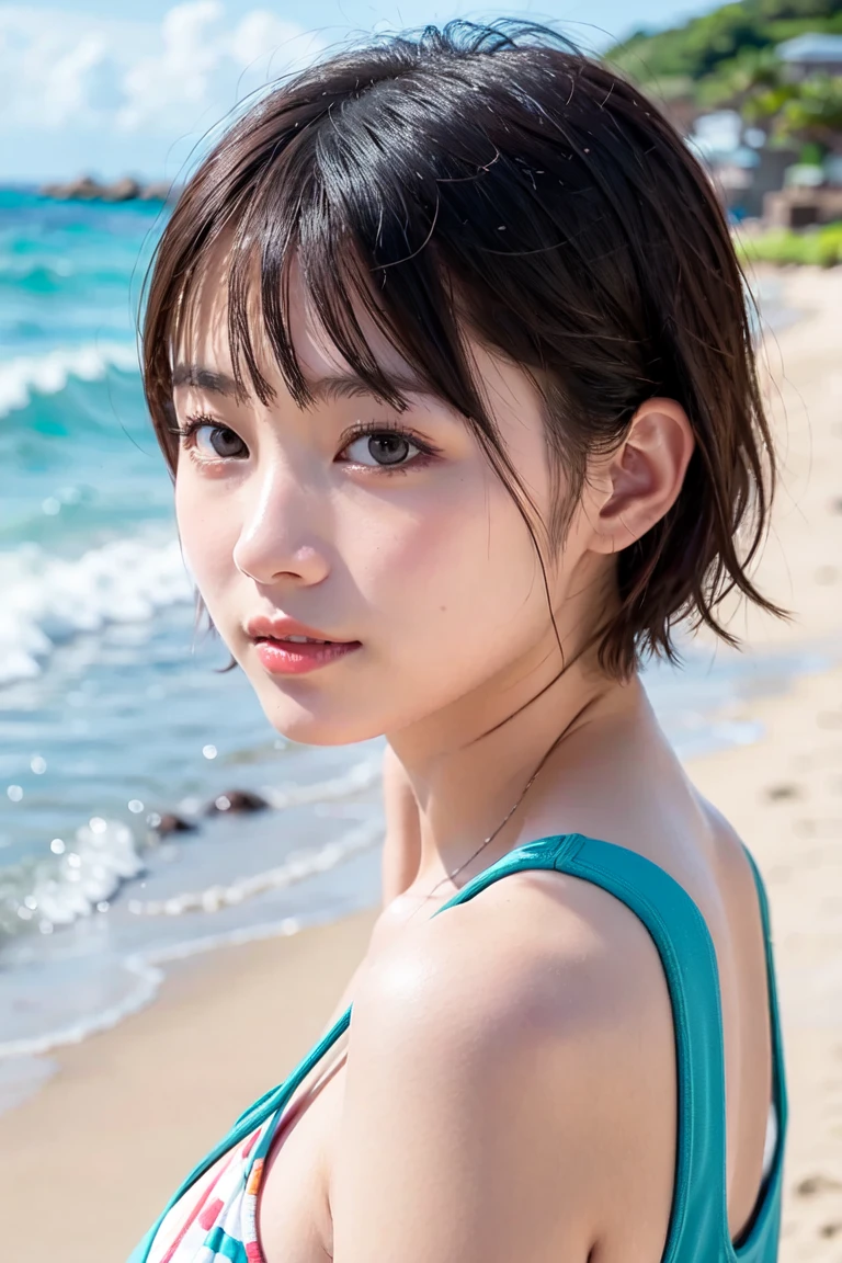masterpiece, Realistic, hyperRealistic, Highest quality, Bobcut, Black Hair, Open your mouth, Sticking out tongue, lick, Soft cream, front, looking at the camera, Primary school students, Swimwear, Pareo, Frills, Kissing Scene, Upper Body, Sad, RAW Photos, delicate, (Intricate details:1.3), Hyper Detail, In detail, colorful, Dark Shadows, One girl, alone, 8K Ultra HD, Film Grain, (photoRealistic:1.3), (Detailed skin:1.2), Beautiful attention to detail, Skin Texture, Light of the sun, beach, Ocean, Beach