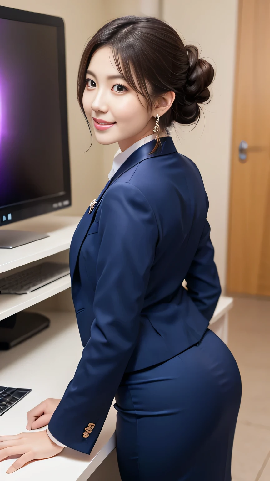 (Masterpiece:1.3), (8K, Photorealistic, RAW Photography, Best Quality: 1.4), Japan, Beautiful Face, (Realistic Face), (Medium Hair:1.3), Realistic Eyes, Beautiful Eyes, (Real Skin), Beautiful Skin, Attractive, Ultra High Definition, Ultra Realistic, High Definition, Beautiful Japan Woman, Navy Suit, Open Jacket, Office Lady, Suit, Pants, From Back, Office, Desk, (Protruding Butt: 1.2), Detailed Face, Long Hair, From Underneath, Smile,