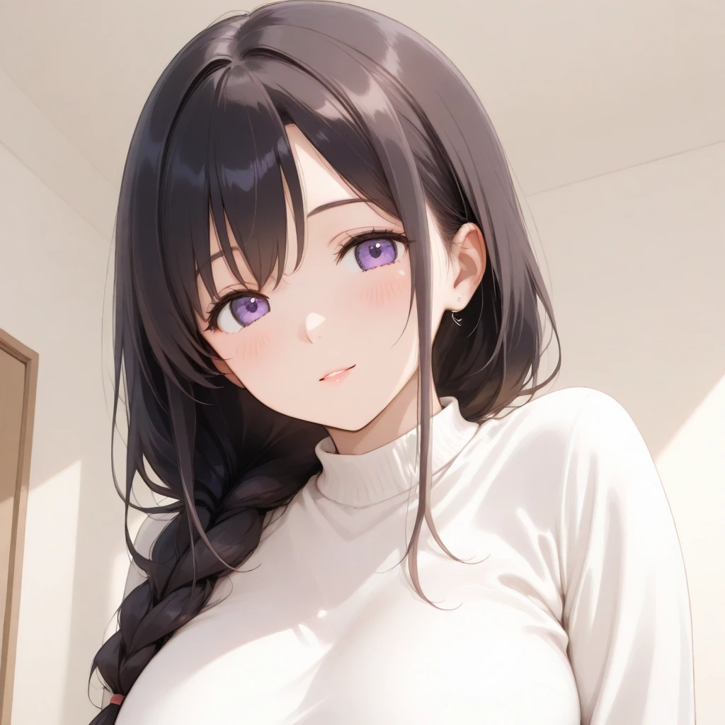 Angle from above, High angle, Placing hand on chest, five biologically correct fingers, Upper Body, Realistic, real person, (pale skin: 1.2), RAW photo, photorealistic, shiny skin, shiny hair, (straight with bangs) 25-year-old woman with hair) and (medium hair) and (black hair) and (purple eyes) , (white) and (T-shirt) , smile, background is living room, alone, standing