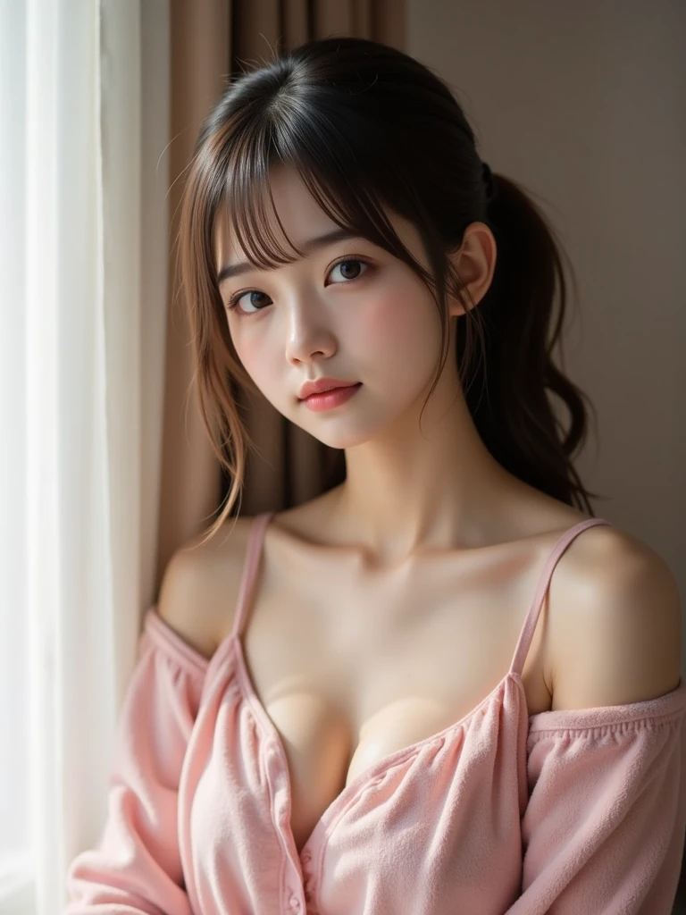(Raw photography、top-quality)、(realisitic、Photorealsitic:1.3)、top-quality、​masterpiece、extremely delicate and beautiful、A highly detailed、nffsw、A sense of unity、2k wallpaper、magnifica、Beautiful in every detail、​masterpiece、浅笑、top-quality、Highly detailed ticker Unity 8K wallpapers、huge filesize、ultra-detailliert、hight resolution、ighly detailed、Female 1 Person、Slim body、D-cups、(Black Leotard Top:0.7)、(Pink skirt:1.2)、(Bun hair)、(brown haired)、Look at the front、Sharp Focus、Face Close-up、pureerosface_v1:0.8 Short Hair、