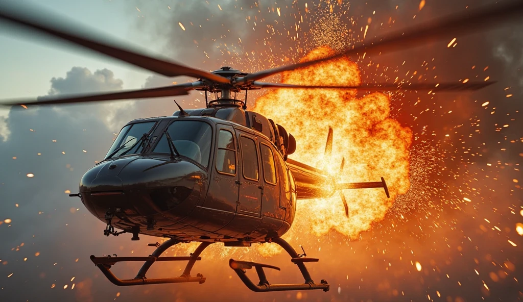 cinematic film still of <lora:cinematic explosion style:1.5>
a helicopter flying over a fire filled explosion cinematic explosion style, shallow depth of field, vignette, highly detailed, high budget, bokeh, cinemascope, moody, epic, gorgeous, film grain, grainy