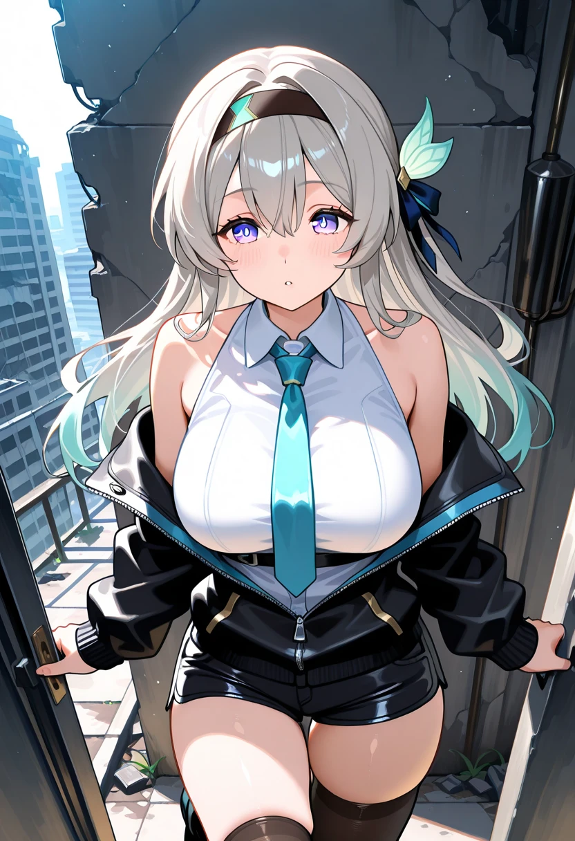 (masterpiece, best quality:1.2), intricate details, 1girl,sky striker ace raye,cityscape ,blue eyes,Blond hair, black headdress.Dark brown tie,sitting on the roof of a building,raining,stars,night,narrow bust,frontal view,(mature female:1.2),huge breasts:1.6,thin body,close up