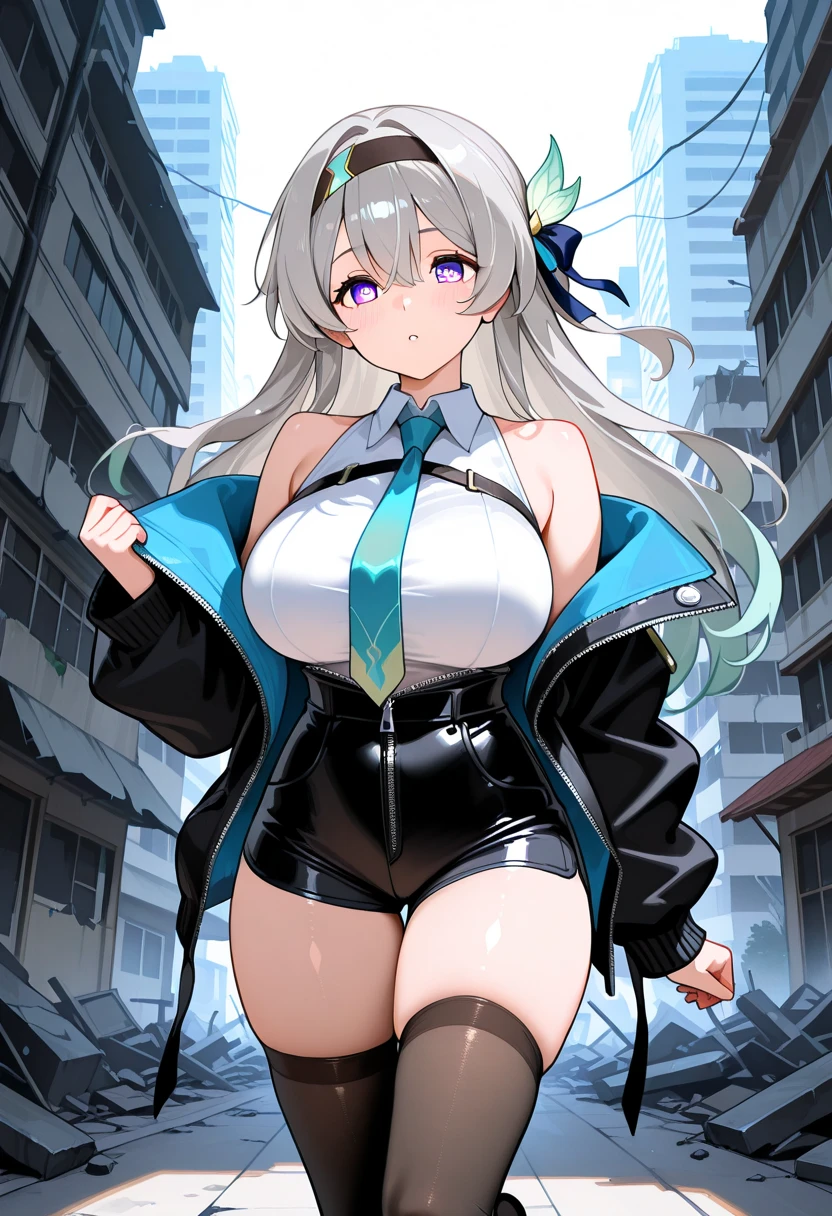 1 girl,Amiya \(arknights\),arknights,cinematic angle,shortening,dark,NSFW,brain out,naked,highest quality,超High resolution,masterpiece,High resolution,8K,UHD,detailed lighting,animal ears,The most beautiful brown hair in the world,Bunny ears,long hair,ponytail,bangs,big beautiful blue eyes that shine,hair between eyes,jewelry,Ascot,ブルーAscot,black jacket,open jacket,hood,hooded jacket,long sleeve,tights,黒tights,open clothes,Multiple rings,thumb ring,shirt,白のshirt,blush, ultimate beautiful girl,very beautiful face,Extraordinary cute,White and beautiful shiny skin,Sexy mega big,sensual,Plump,Chubby,thick thighs,big ass,looking at the viewer,City of night,whole body