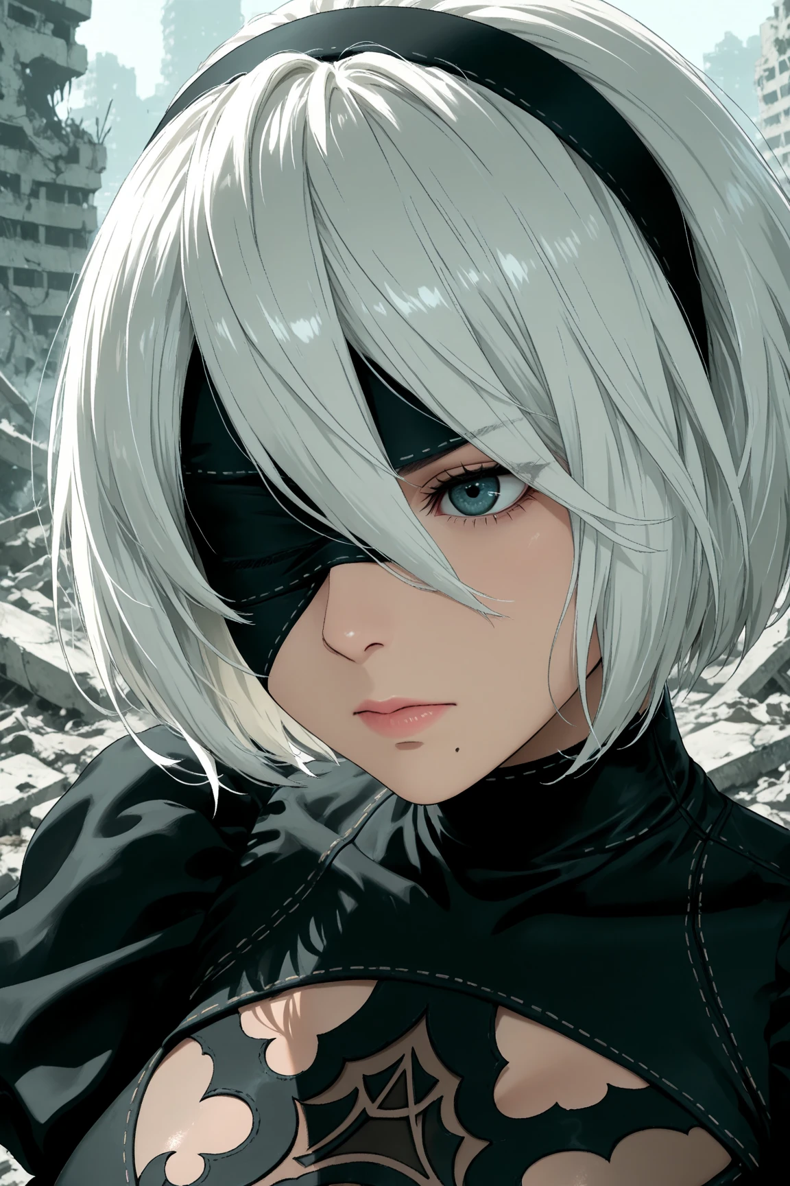 NieR: Automata,2B, Anime coloring,big ,close-up,cleavage,ruins,
