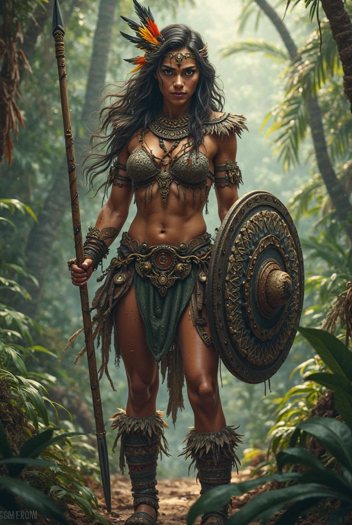 (masterpiece, highest quality, Realistic, High resolution, photograph, :1.3), Sharp focus, beautiful Femail warrior, (((perfect beautiful face))), long hair, voluptuous body, Abs, muscle, bikini armor, loincloth, standing pose, in dark forest, ((whole body shot)),