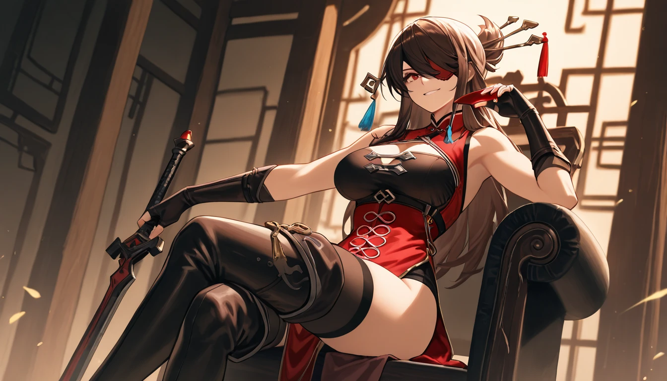 1 girl, highest quality, masterpiece, High resolution, one person in, {Beidou_Genshin:1.15}, length_hair, eyepinch, red_eyes, Brown_hair, hair_ornament, hair_that&#39;s all_One_eye, chest, One_eye_covered, hairpin, smile, hair_stick, jewelry, front hair, earrings, big_chest, cleavage, 1 girl, Chinese_Clothes, gloves, looking for_in_viewer, fingerless_gloves, fur_trim, black_gloves, Holding armpit pose, Broke up_lips blowjob, squat,big penis,throw,   breast press, Completely naked, (how:1.5),  :>=