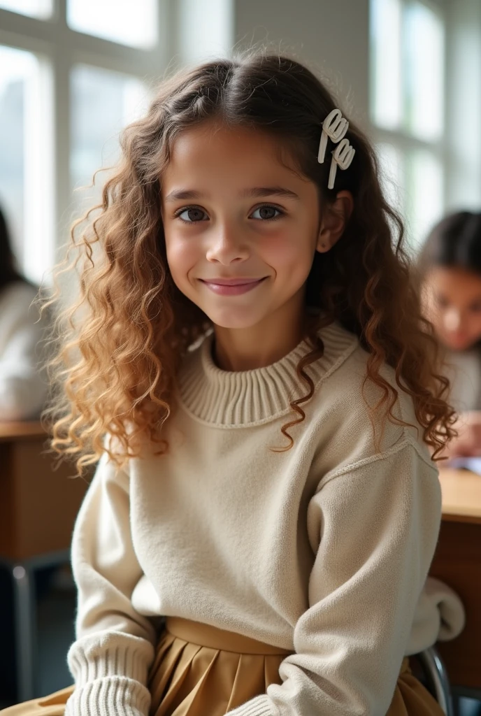 A beautiful young student girl smiling, wide grin, long brown curls, light brown eyes, white skirt, pink cardigan, in a classroom