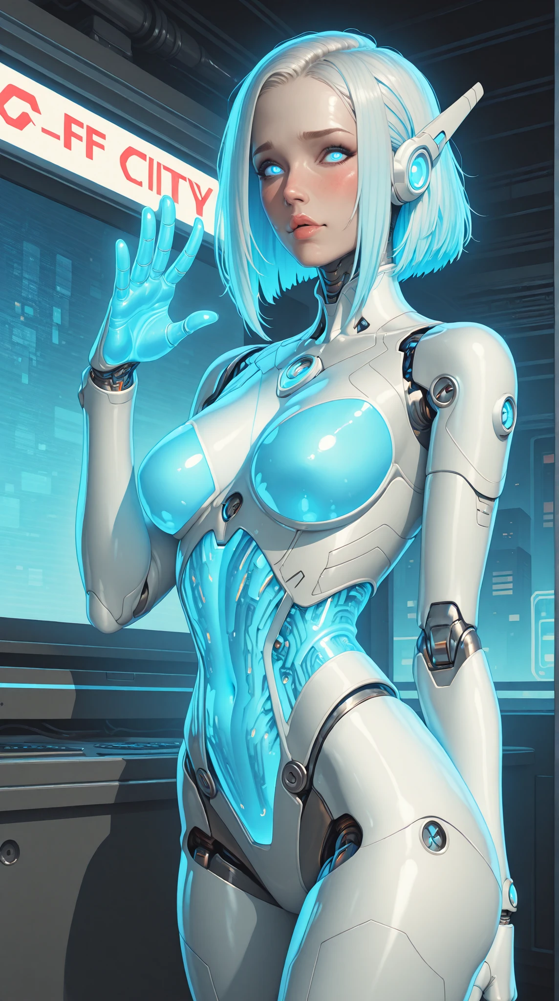 ((full body concept art, simple background)), ((Best Quality, best resolution, award-winning portrait, official art)), ((perfect Masterpiece)). Young beautiful girl, (La mejor calidad,A high resolution,Ultra - detallado,actual),Ariana Grande japonesa androide cyborg ,(detailed: 1.4), (Absurd), mature woman, beautiful face, perfect body, bare thighs, long legs, cyberpunk post apocalyptic colors. She has (short white hair), ((the most beautiful and sexy aesthetic)), sexy, cleavage showing, hot, sexy, seductive posture, mecha arm, tech suit,(Best quality,A high resolution,Ultra - detailed,current),Ariana Grande Japanese android cyborg,robotic parts, beautiful studio with soft light, Vibrant details, Luxury cyberpunk, (Android body made of white and silver transparent glass and plastic..:1.4), (Internal mechanisms of the silver+pink metal body), dynamic pose, Fluid organic components, Detailed engraving, lace designs, (Shiny gold circuits:1.4), (eyes detailed blue :1.4 ), (cowboy pose), (realistic), 8K high quality detailed art, Fanart Best ArtStation, fantasy art style, (transparent glass body:1.4), (perfect anatomy) ,High Definition, (laboratory background Robotic futuristic dystopia colors:1.4),(detailed fingers),(detailed face:1.4), (no mutations),(detailed face V2.1), (masterpiece:1.4), ((Best quality:1.4),