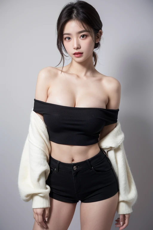 (((1girl))), hands up, brown long hair, tank-top, jacket, open shoulder, cowboy shot, bikini, medium breast, red background, open mouth, stick out her tongue out at viewers, red eyes, flushed,